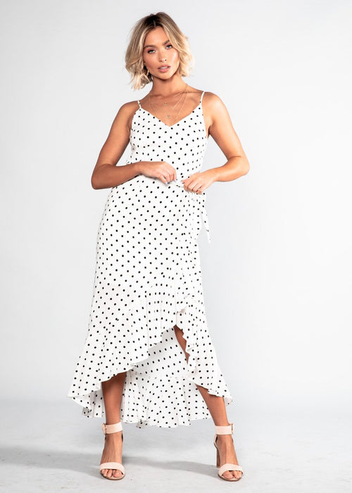 Sweet Fling Midi Dress - White Polka