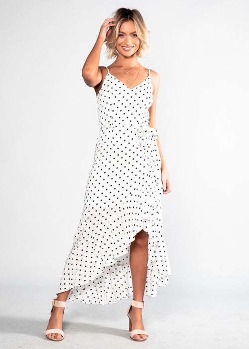 Sweet Fling Midi Dress - White Polka