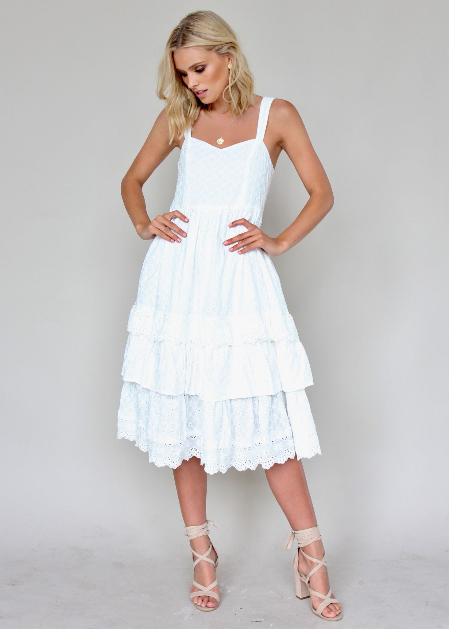 Annie Swing Midi Dress - White Emboidered