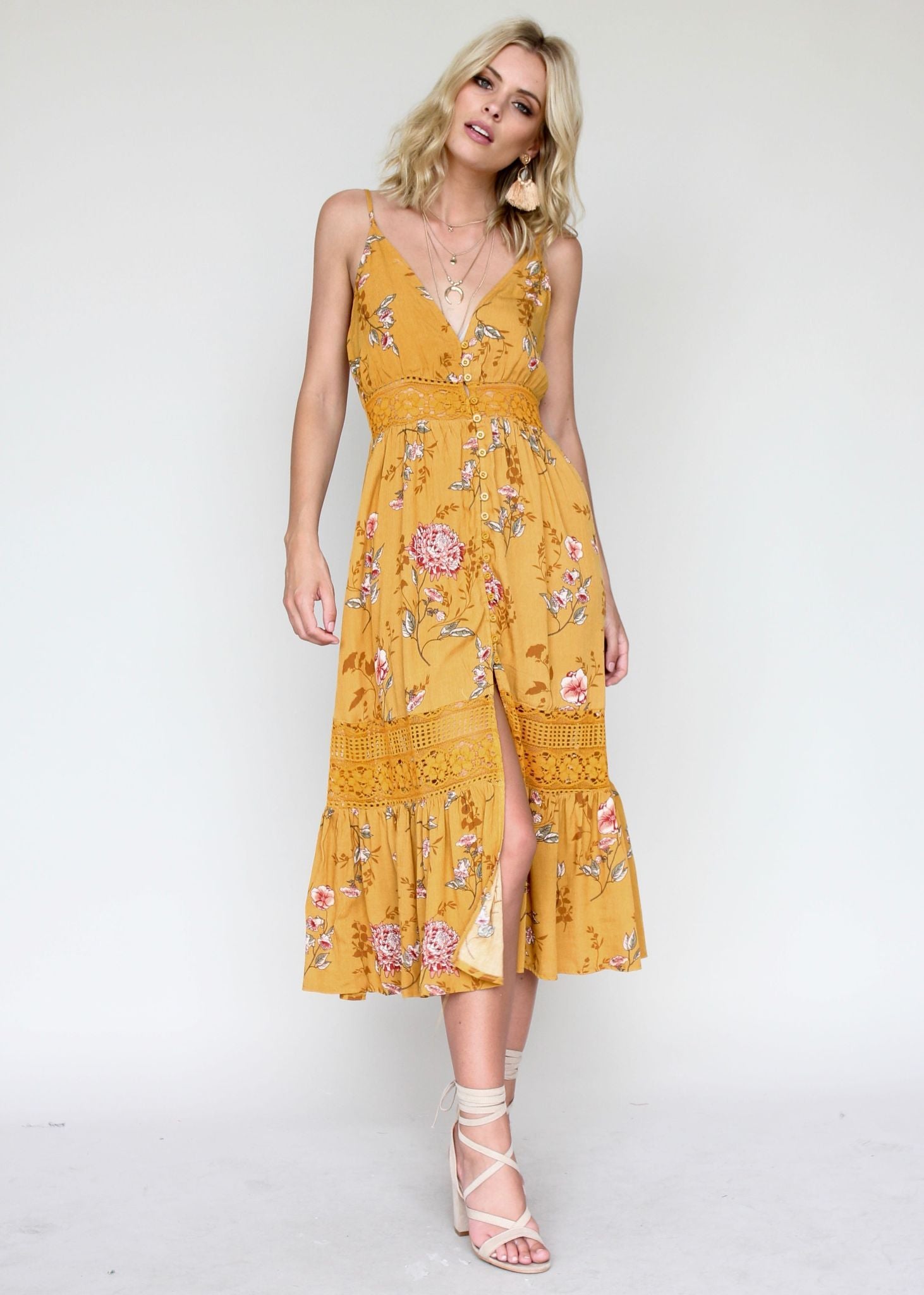 About The Weekend Midi Dress - Mustard Floral