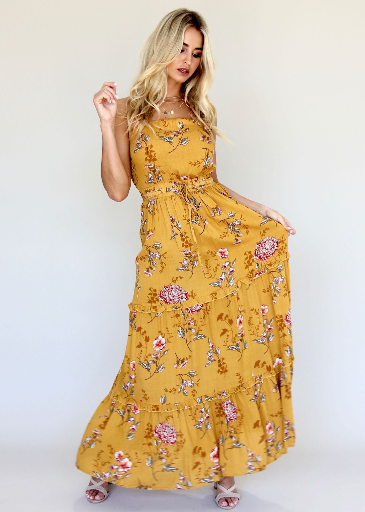 Lucina Strapless Dress - Mustard Floral