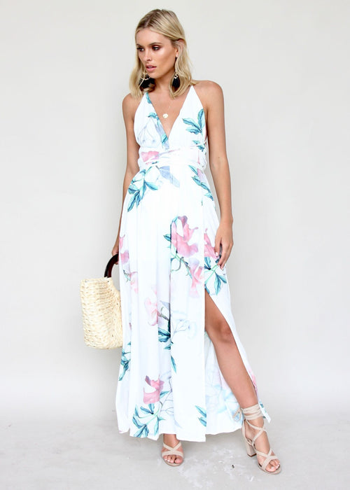 Karmen Halter Maxi Dress - White Tropical