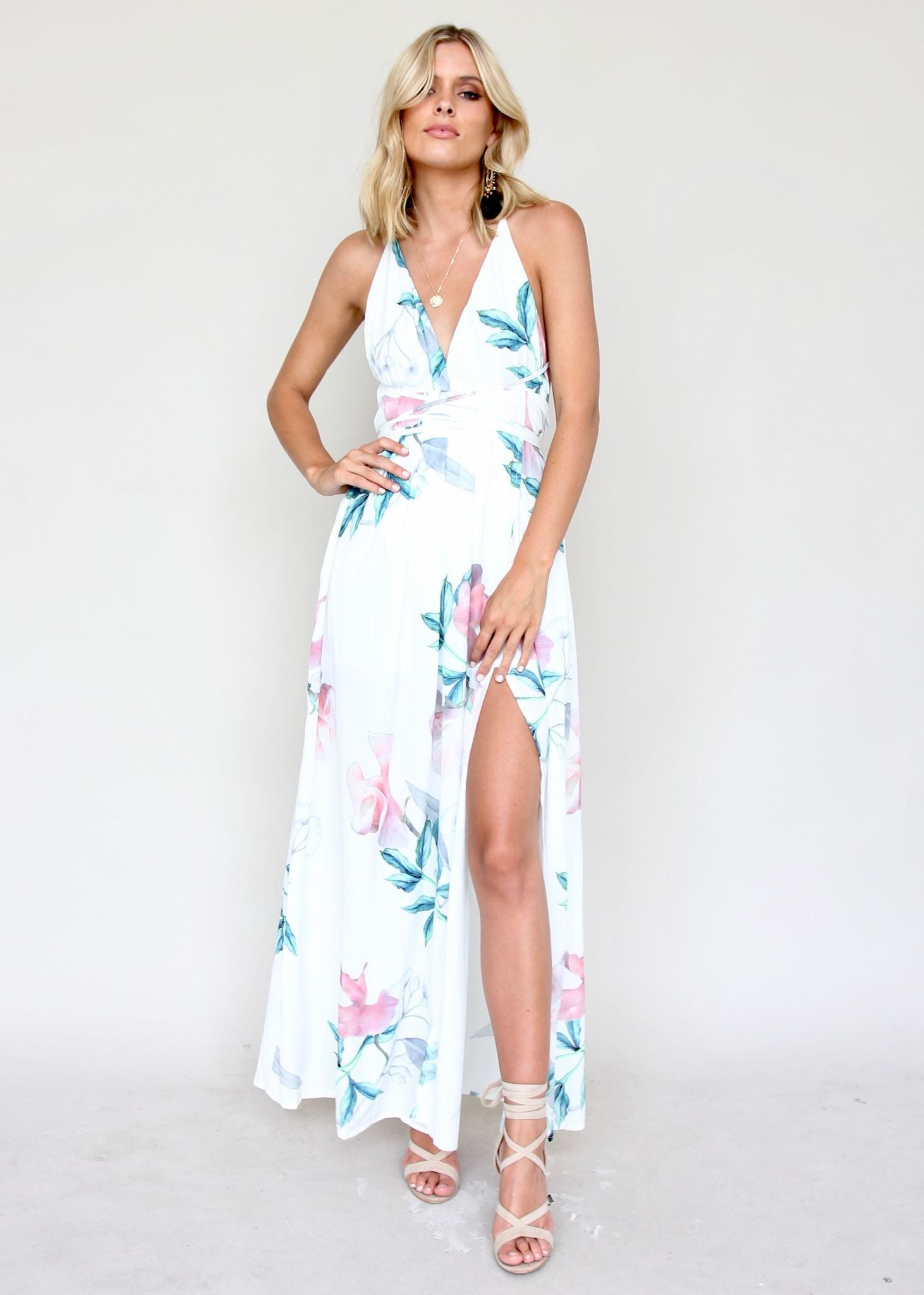 Karmen Halter Maxi Dress - White Tropical