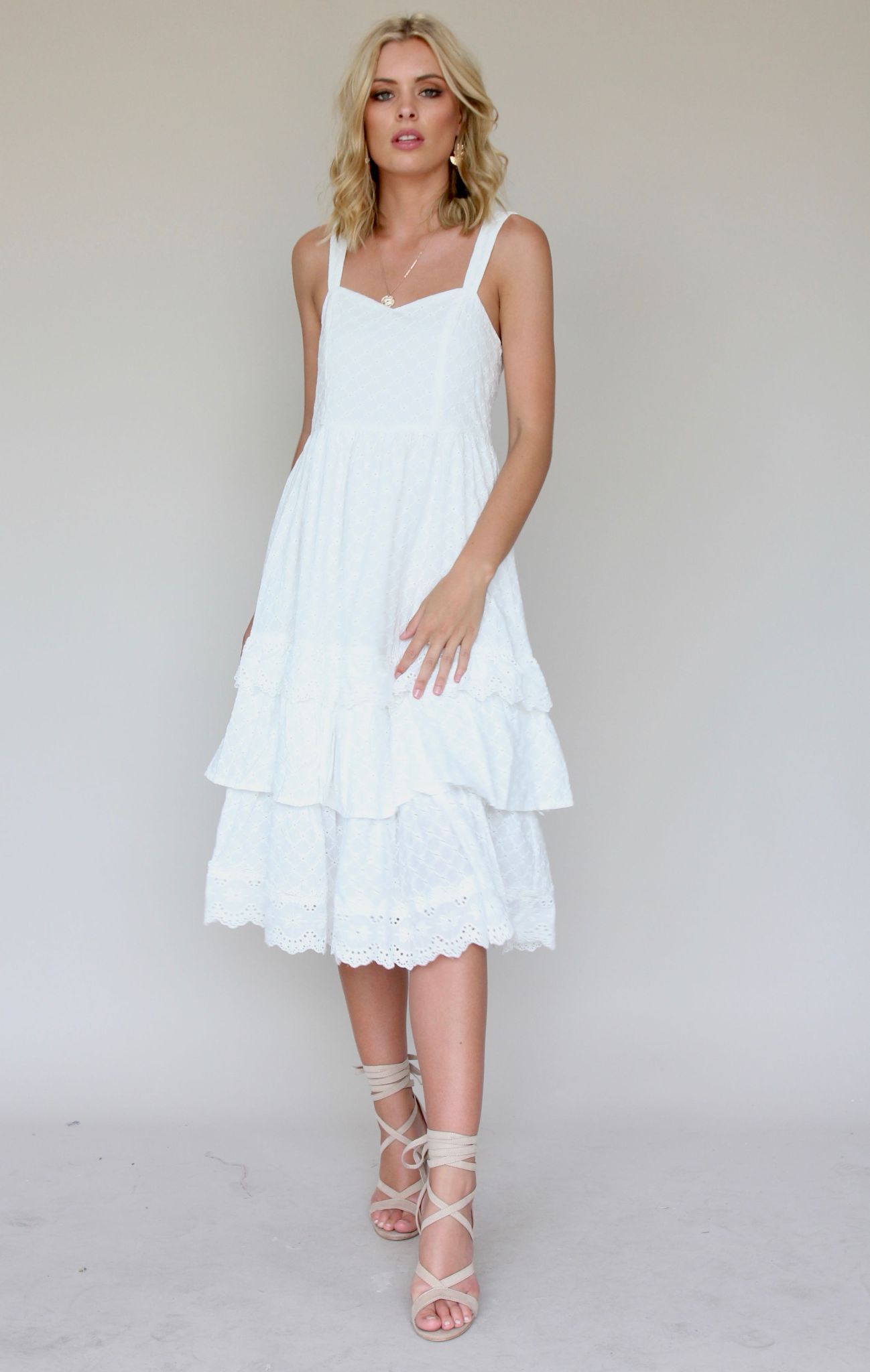 Annie Swing Midi Dress - White Emboidered