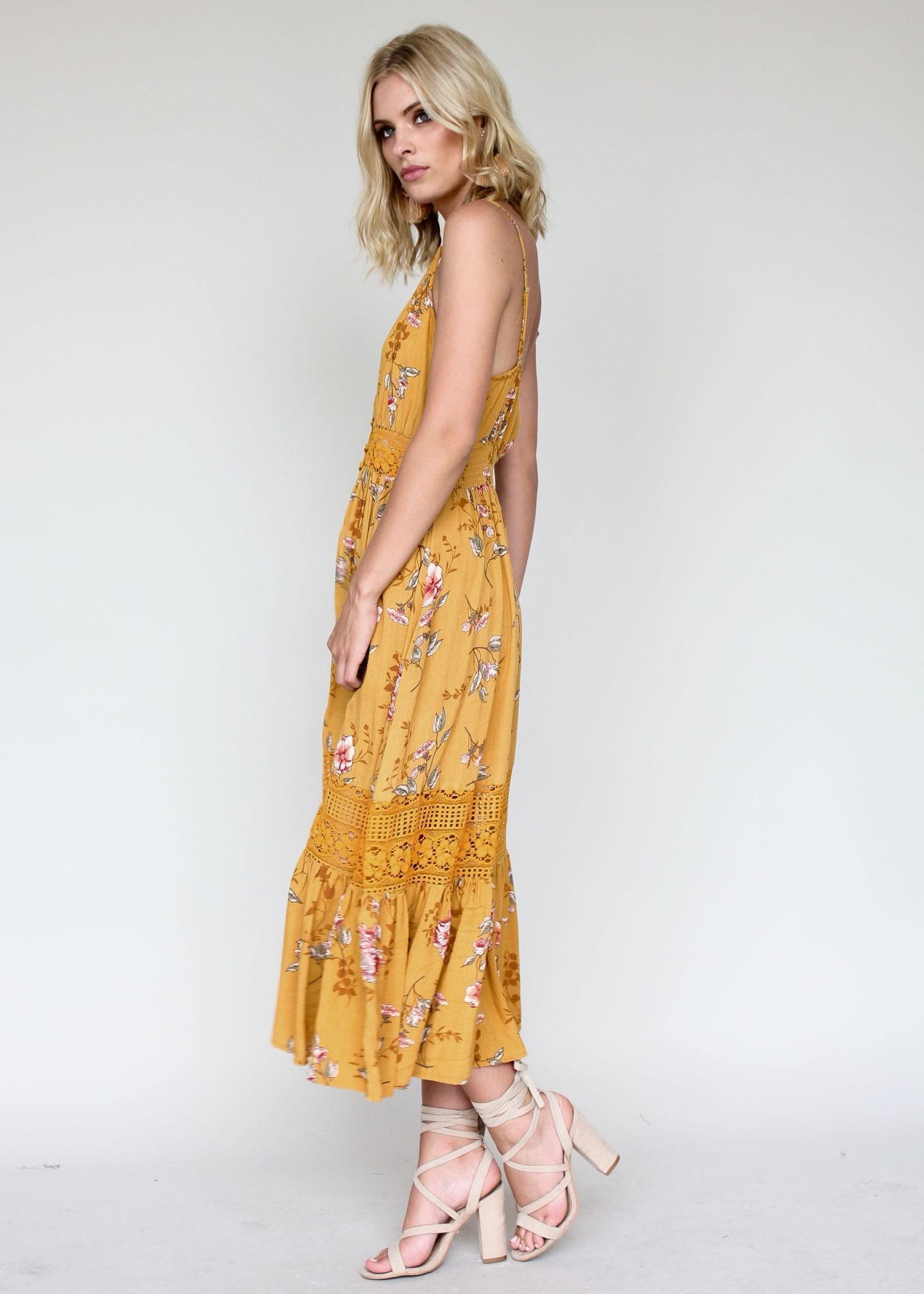 About The Weekend Midi Dress - Mustard Floral