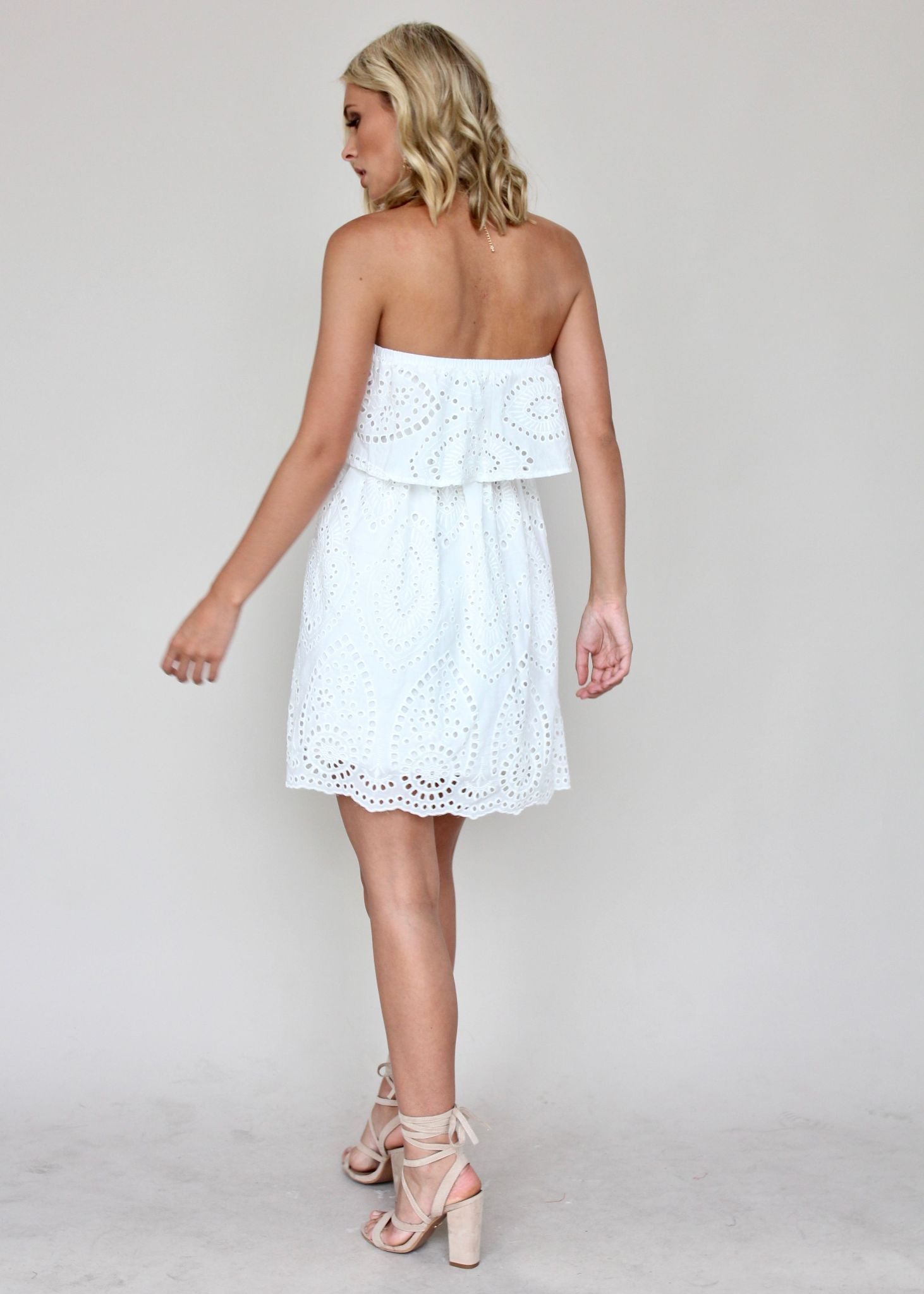 Crown Jewel Strapless Dress - White Embroidered