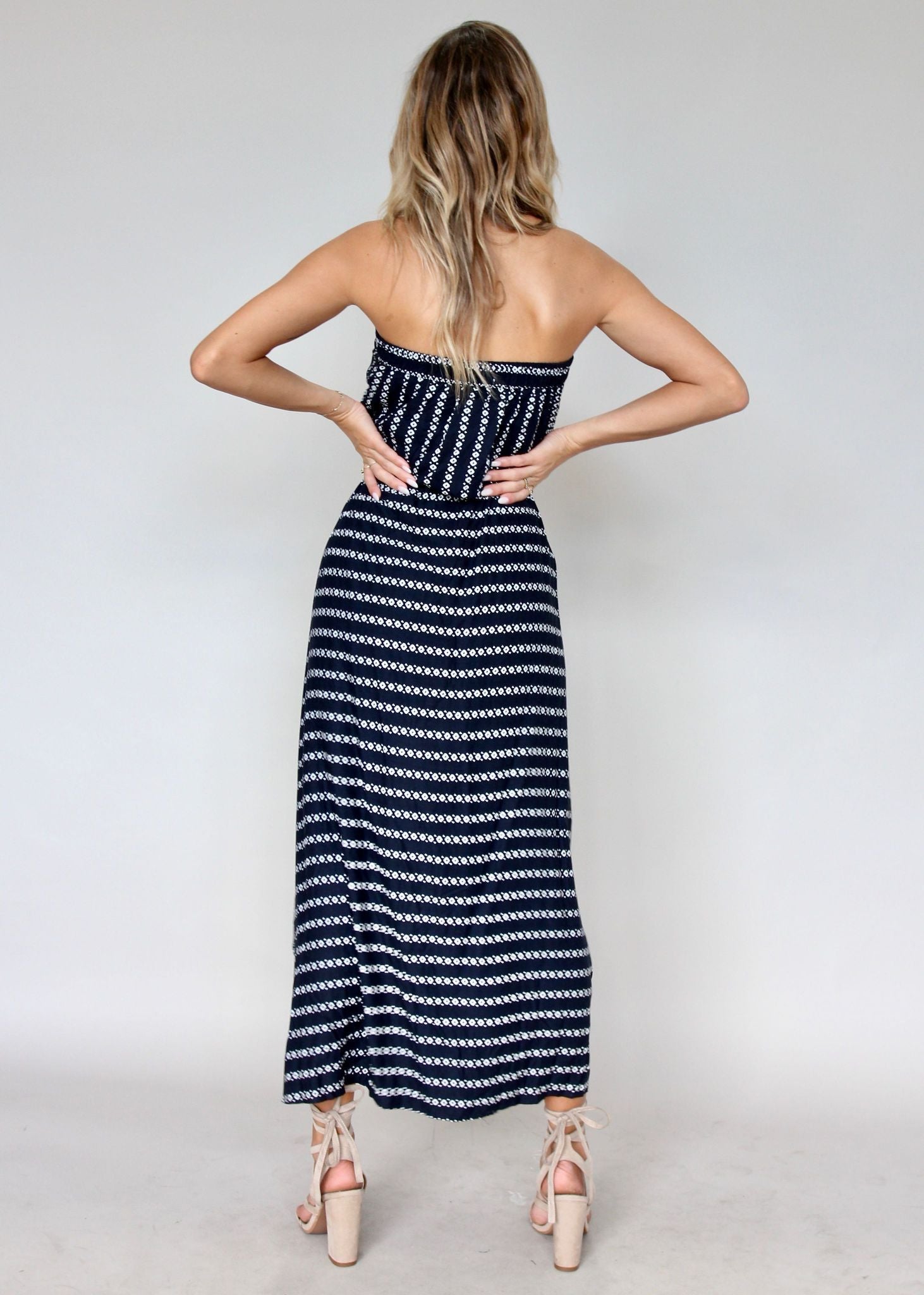New Freedom Strapless Maxi Dress - Navy Aztec