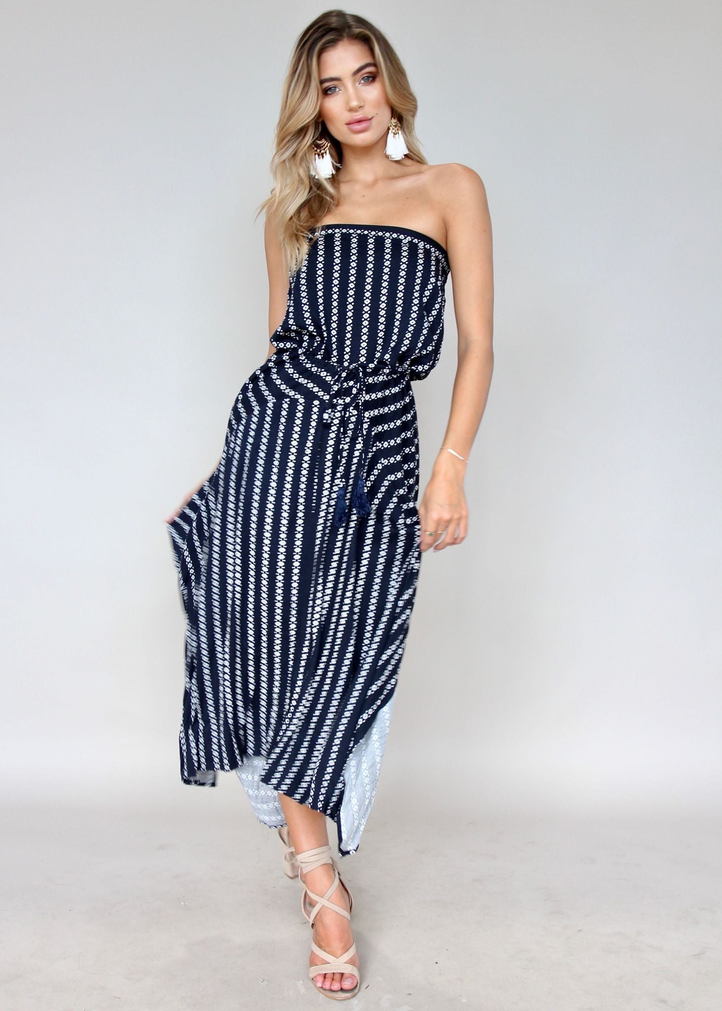 New Freedom Strapless Maxi Dress - Navy Aztec
