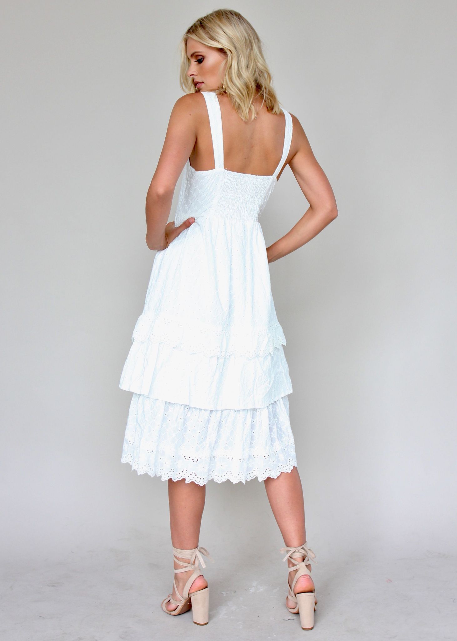 Annie Swing Midi Dress - White Emboidered