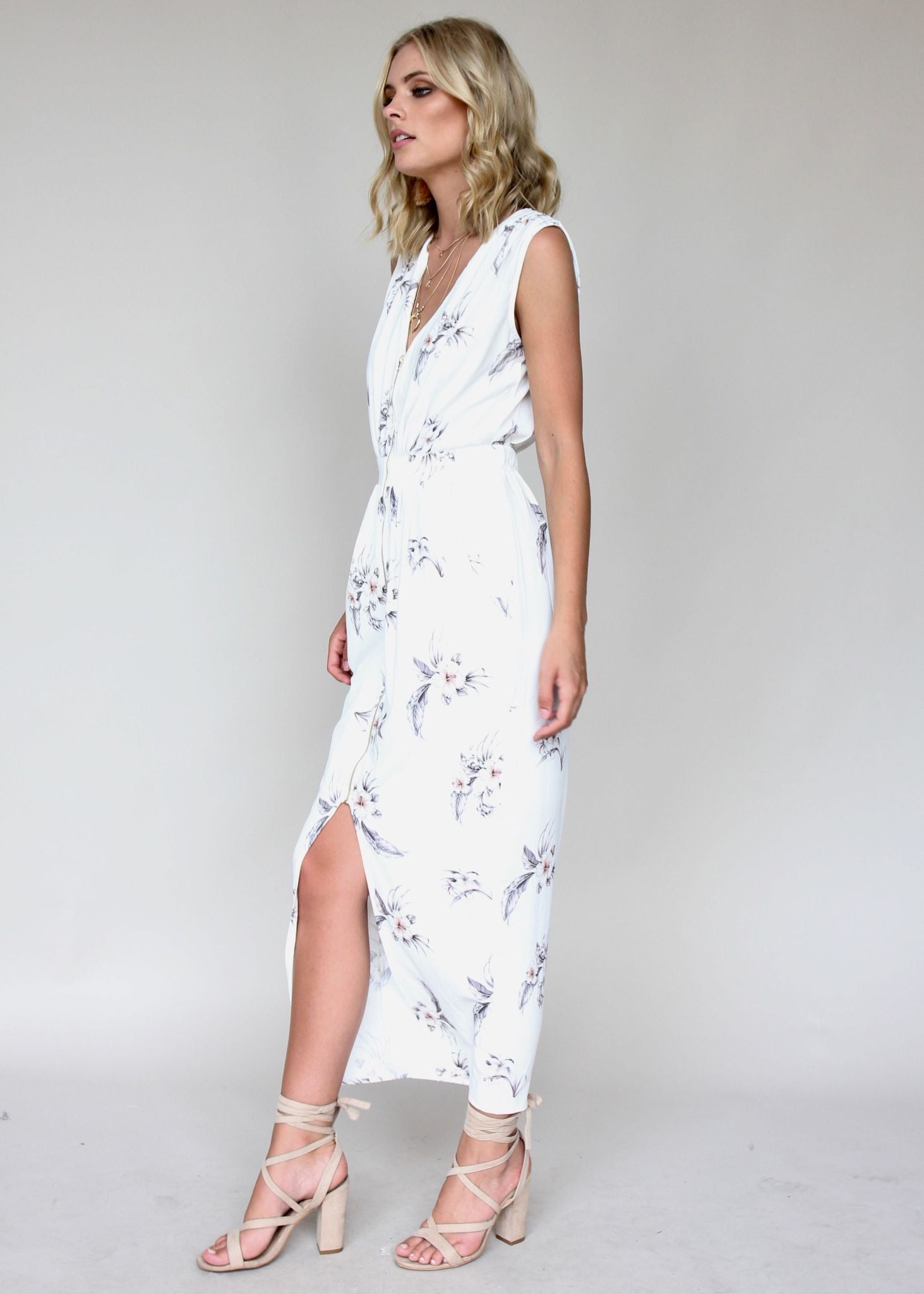 Catalina Zip Dress - White Botanic