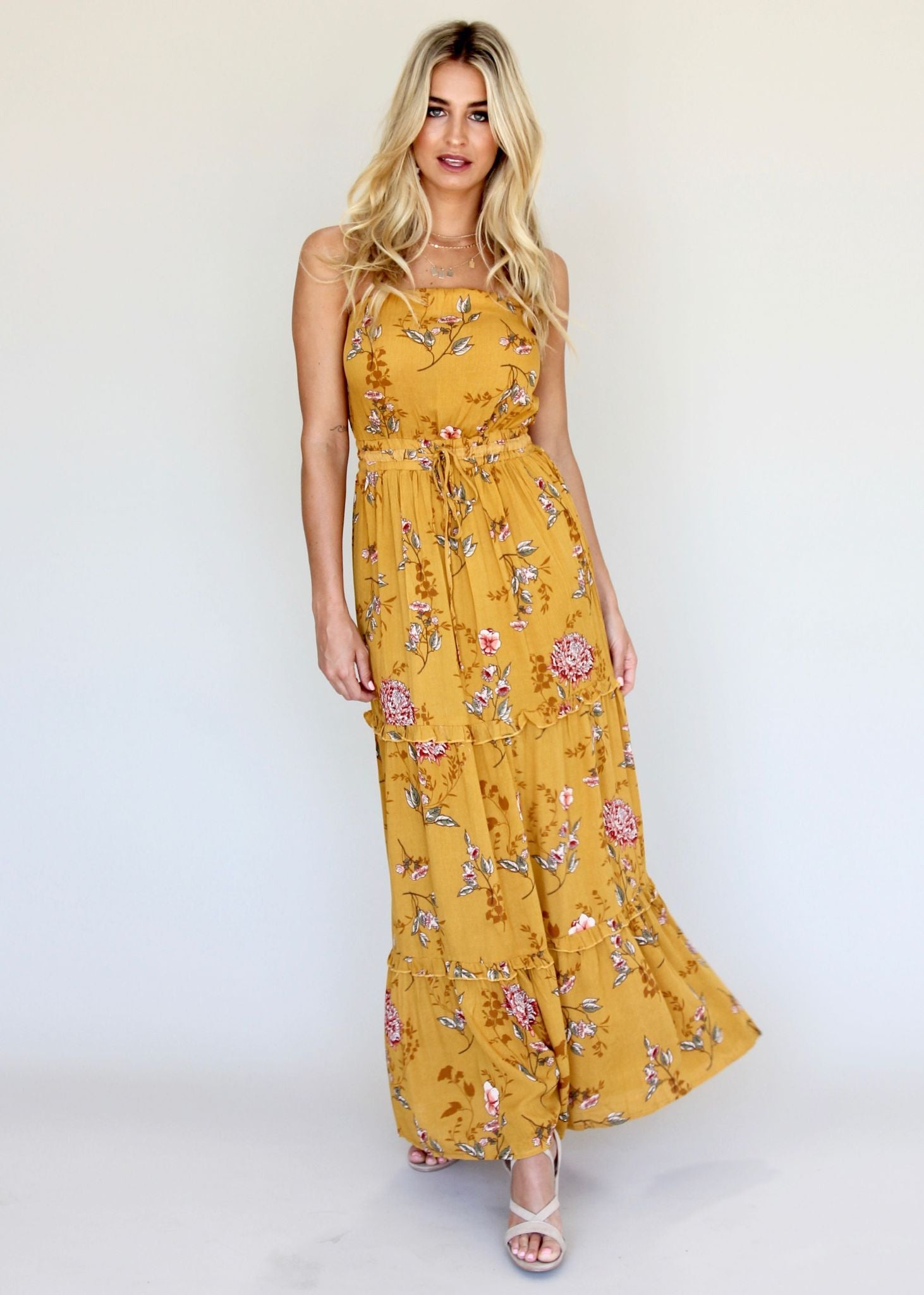 Lucina Strapless Dress - Mustard Floral