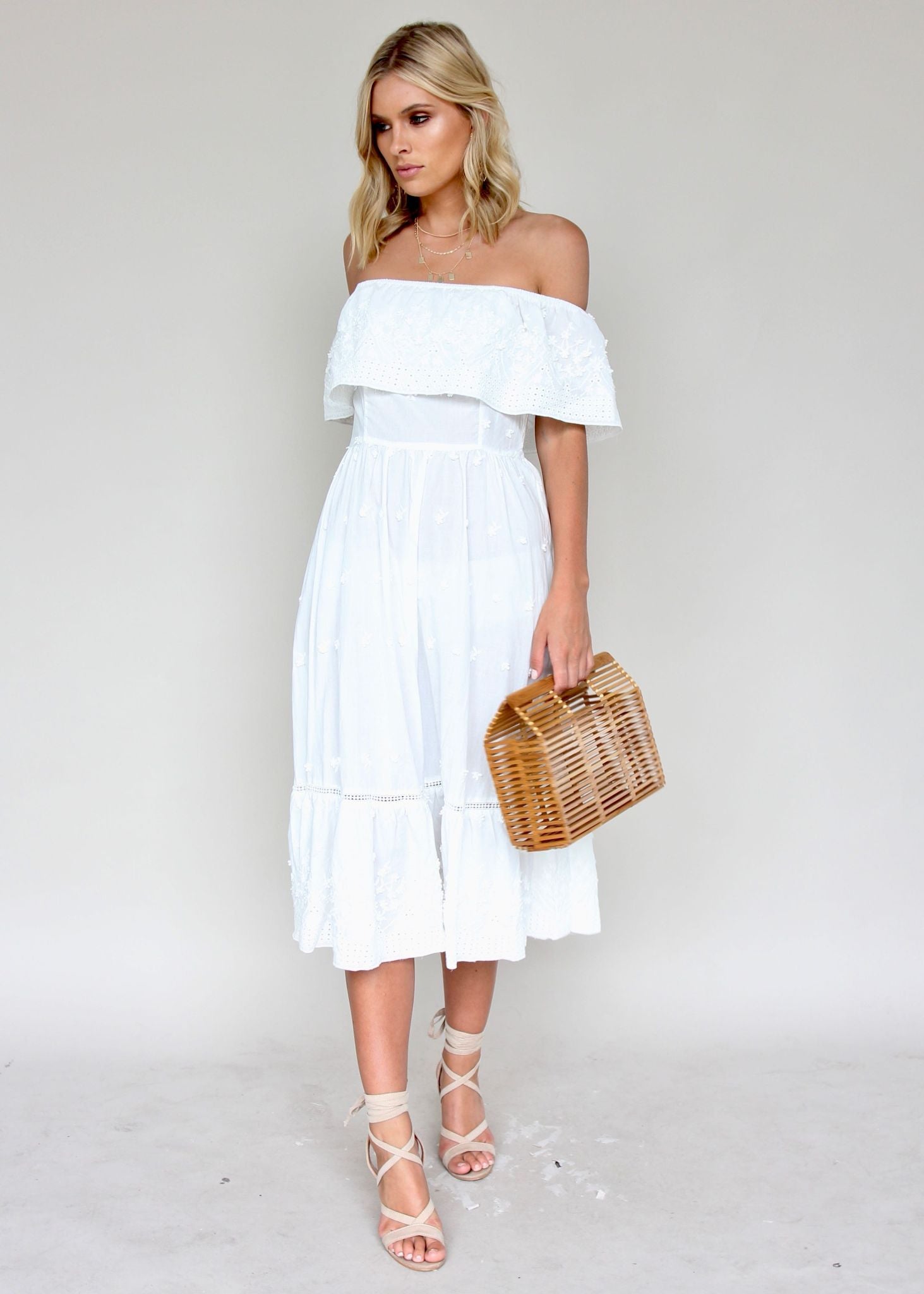 Maria Midi Dress - White Embroidered