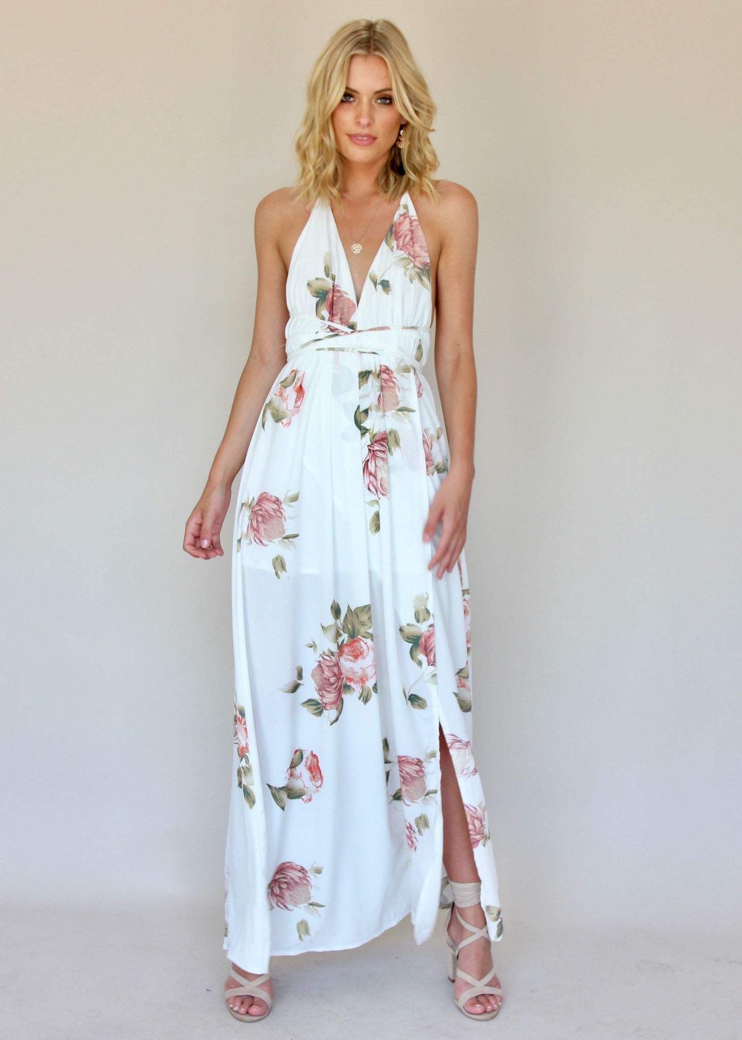 Karmen Halter Maxi Dress - White Botanica