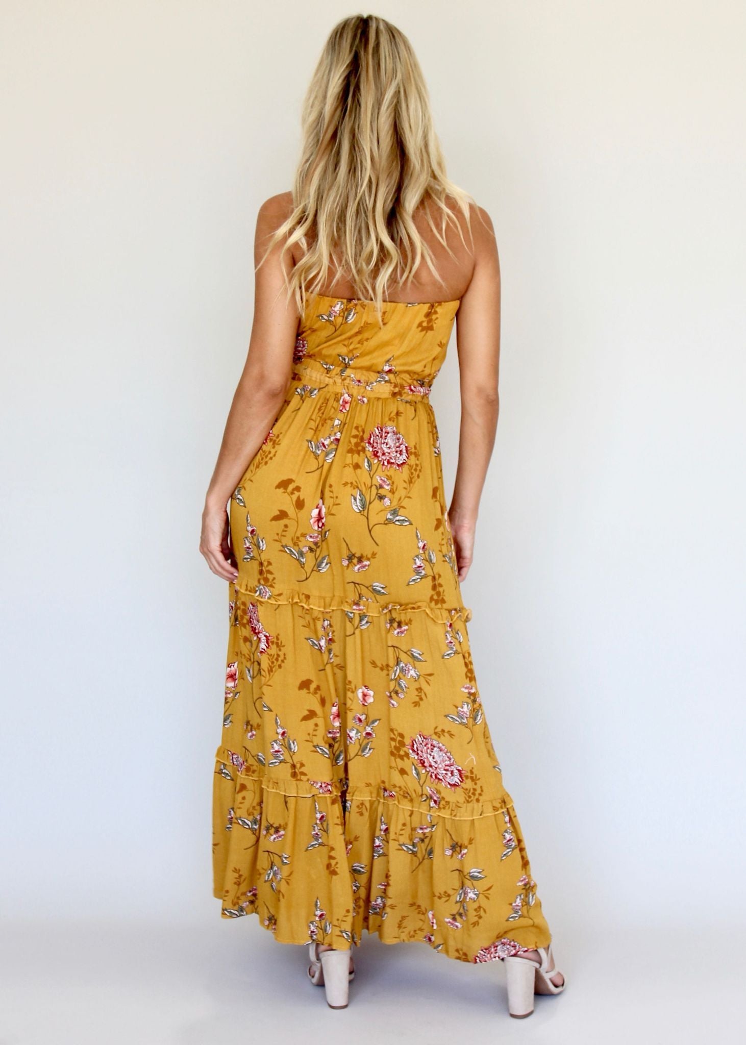 Lucina Strapless Dress - Mustard Floral