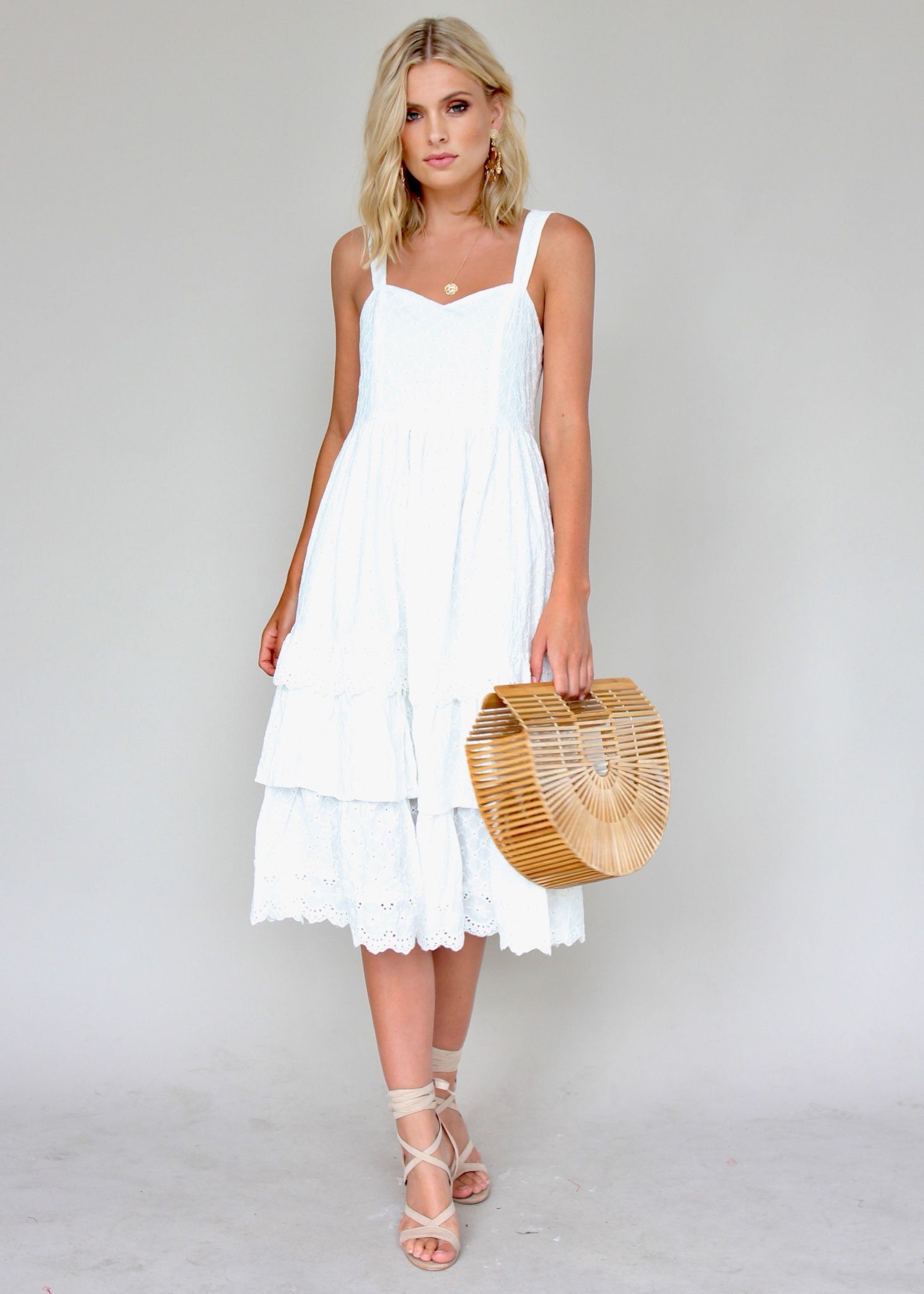 Annie Swing Midi Dress - White Emboidered