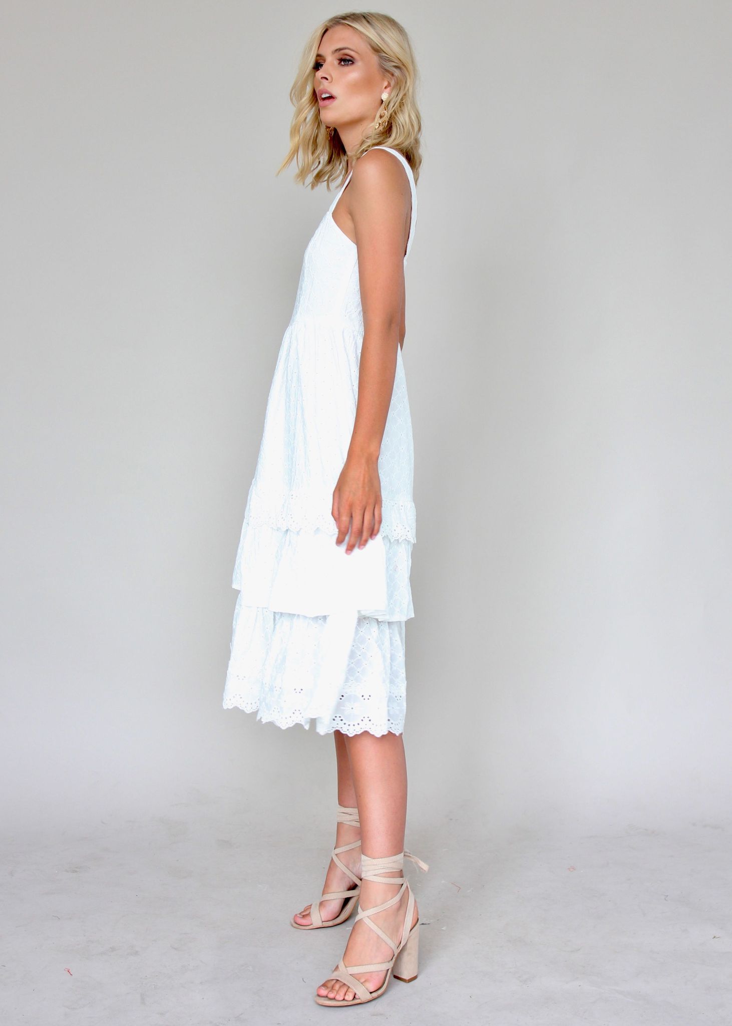 Annie Swing Midi Dress - White Emboidered