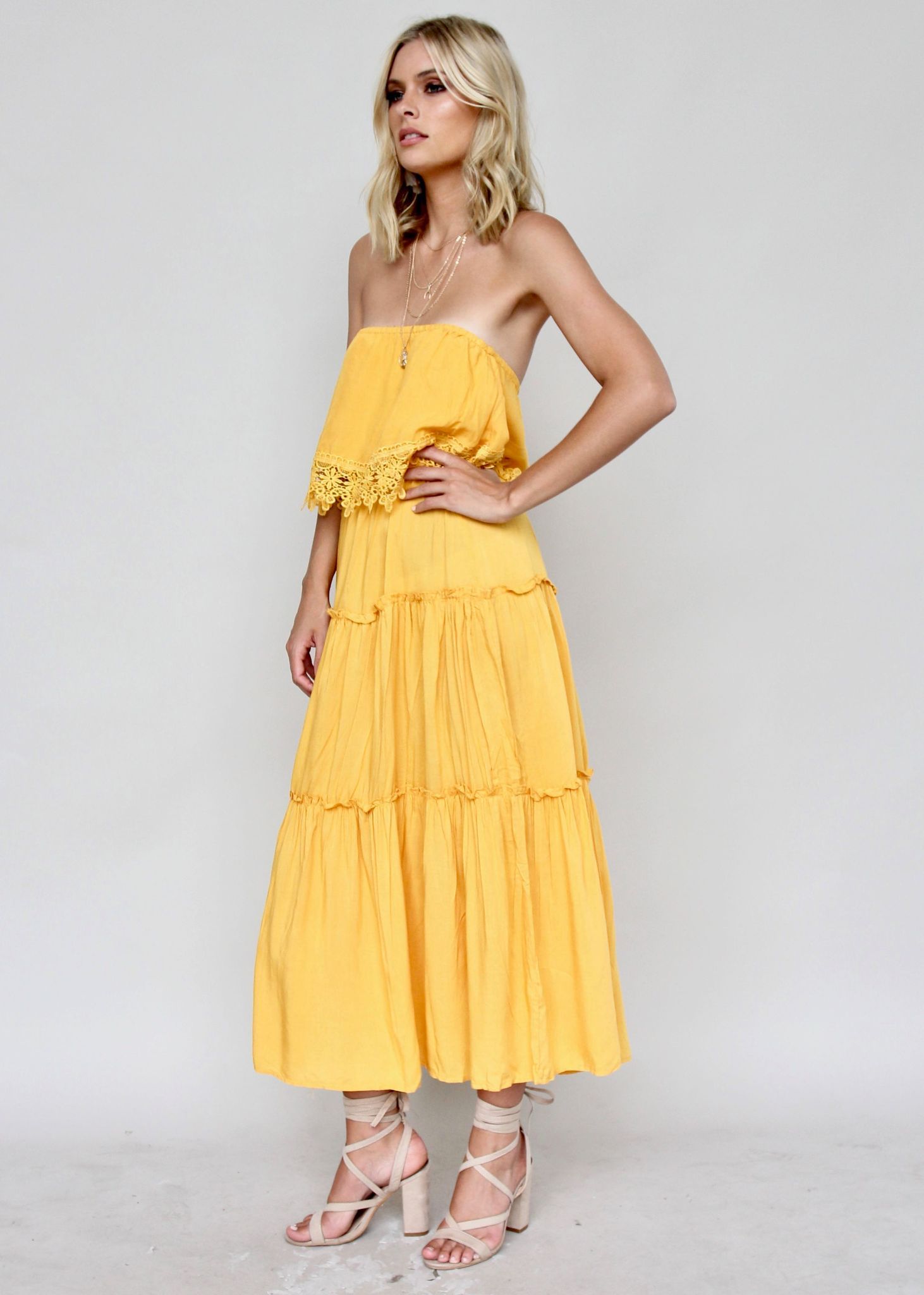 Estella Off Shoulder Midi Dress - Mustard