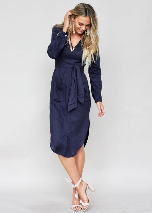 Meant For You Linen Midi Dress w/ Tie - Navy