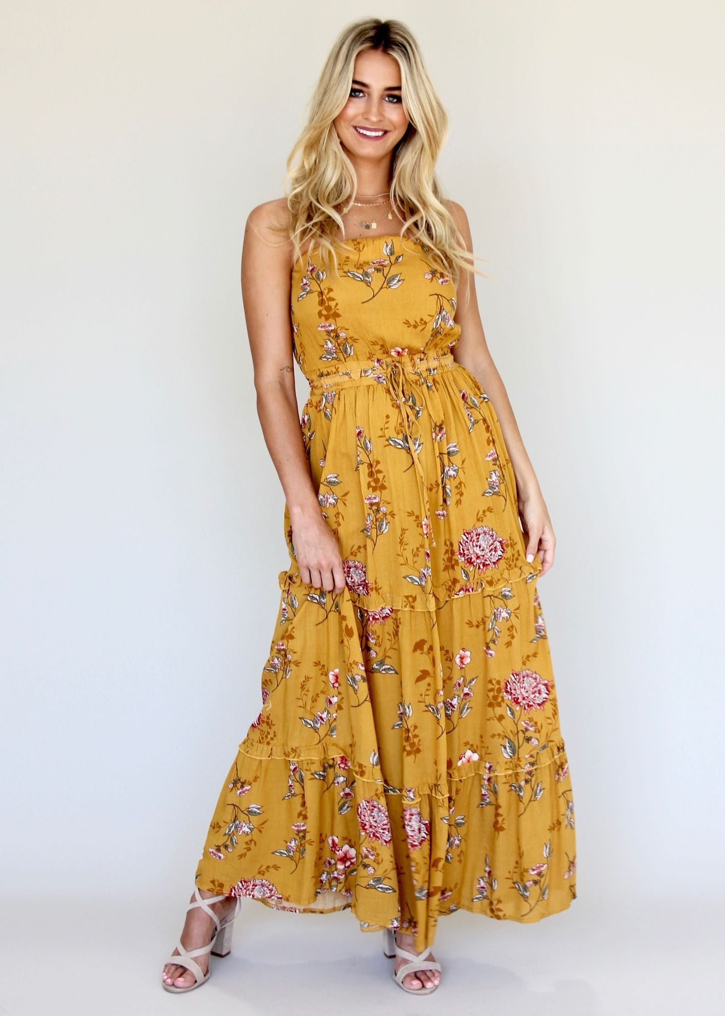 Lucina Strapless Dress - Mustard Floral
