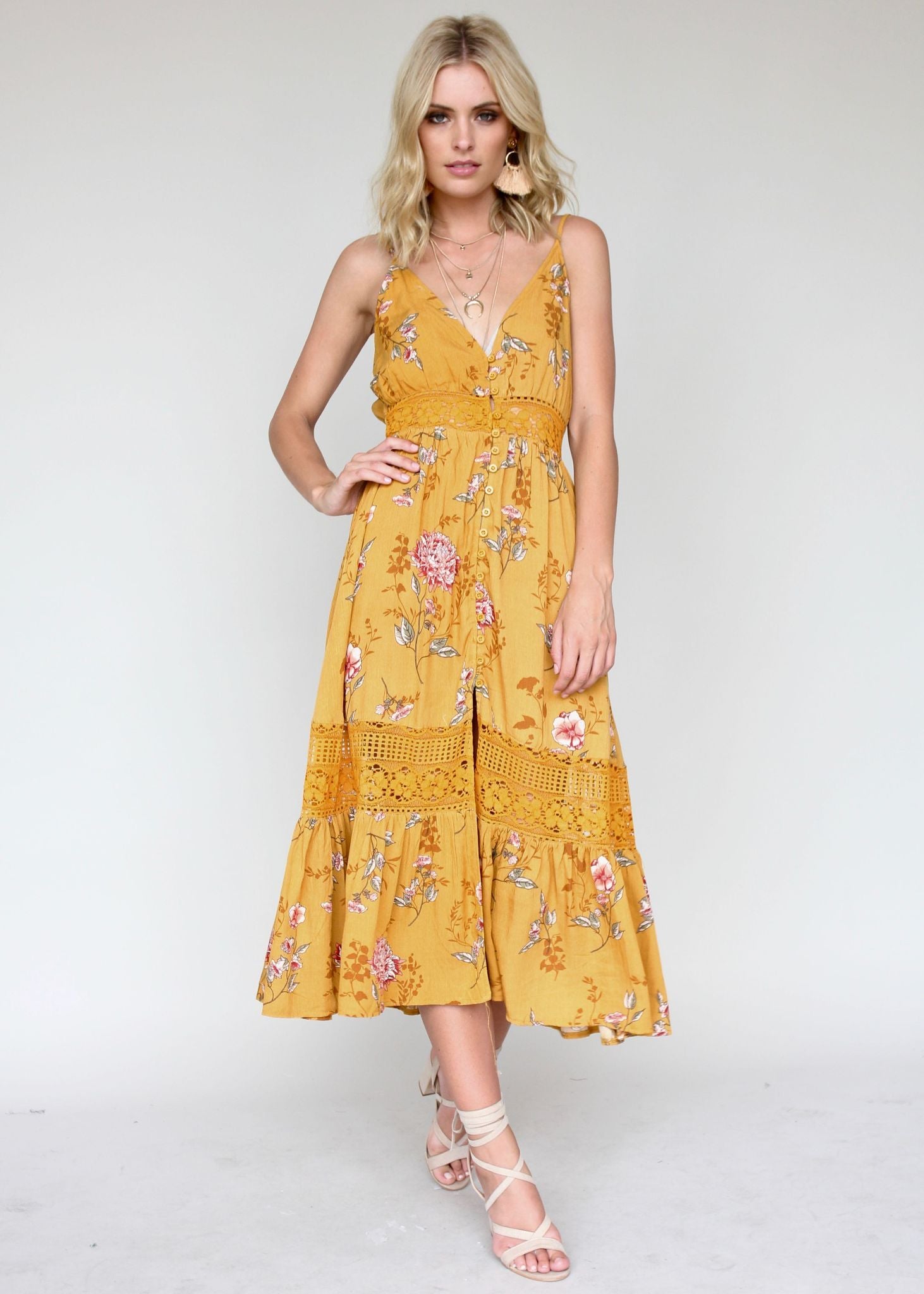 About The Weekend Midi Dress - Mustard Floral