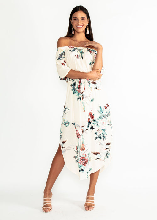 Elodie Off Shoulder Midi Dress w/ Tie - Peony