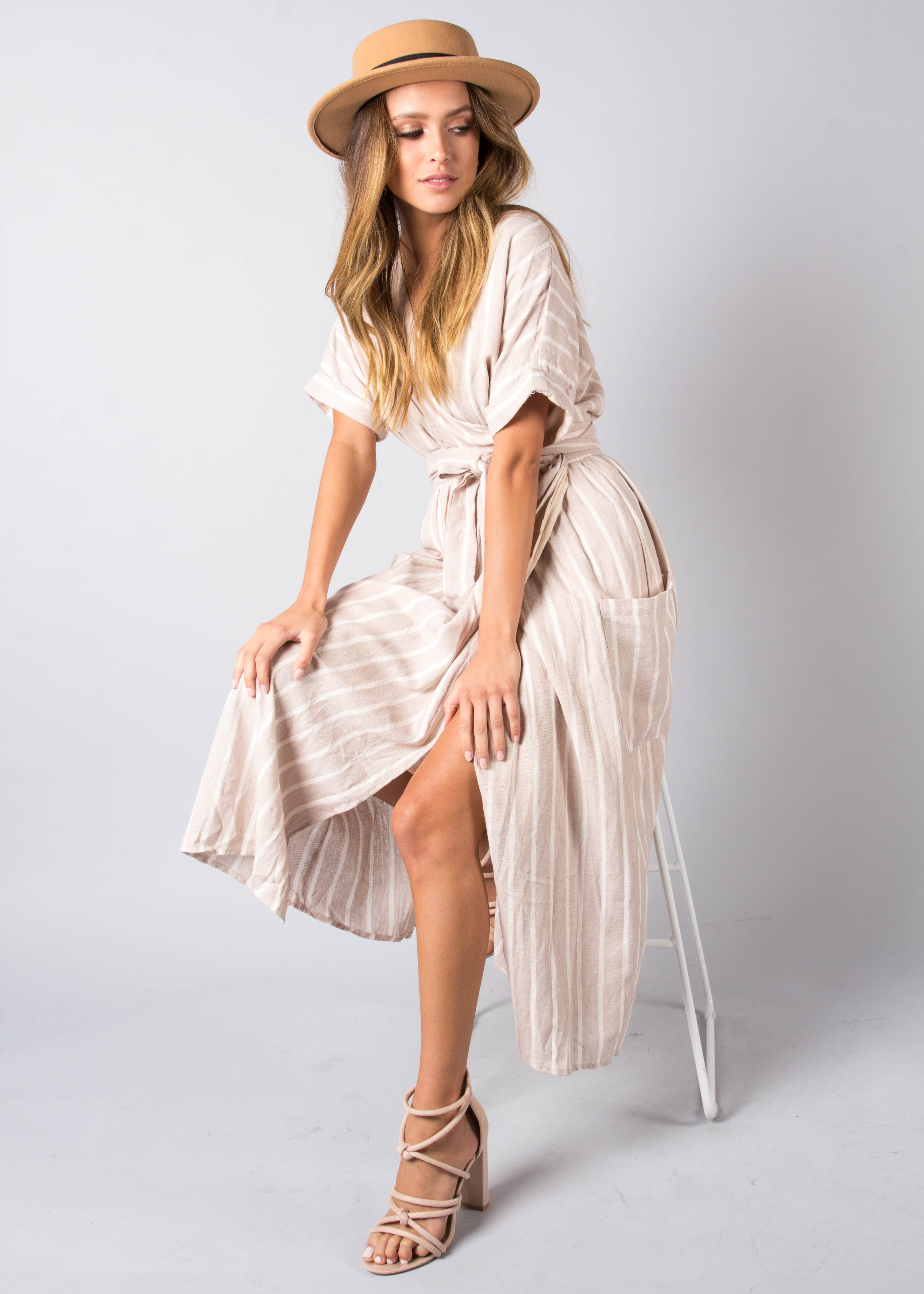 San Luca Linen Wrap Midi Dress - Beige Stripe