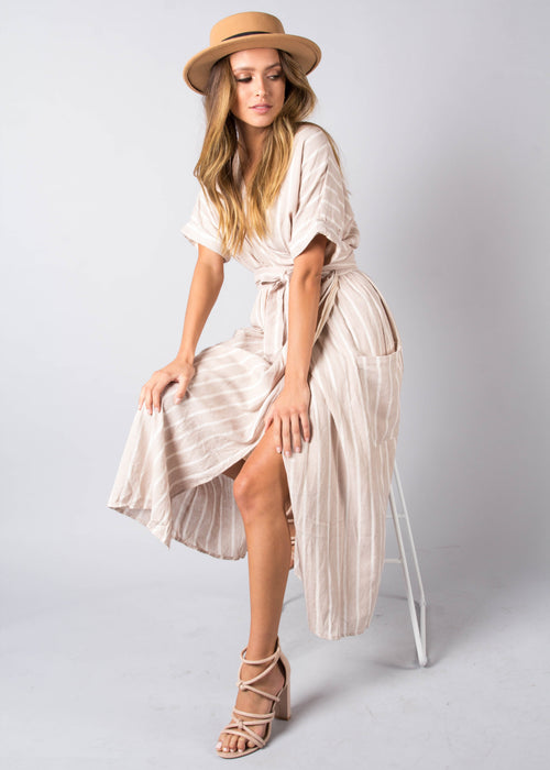 San Luca Linen Wrap Midi Dress - Beige Stripe