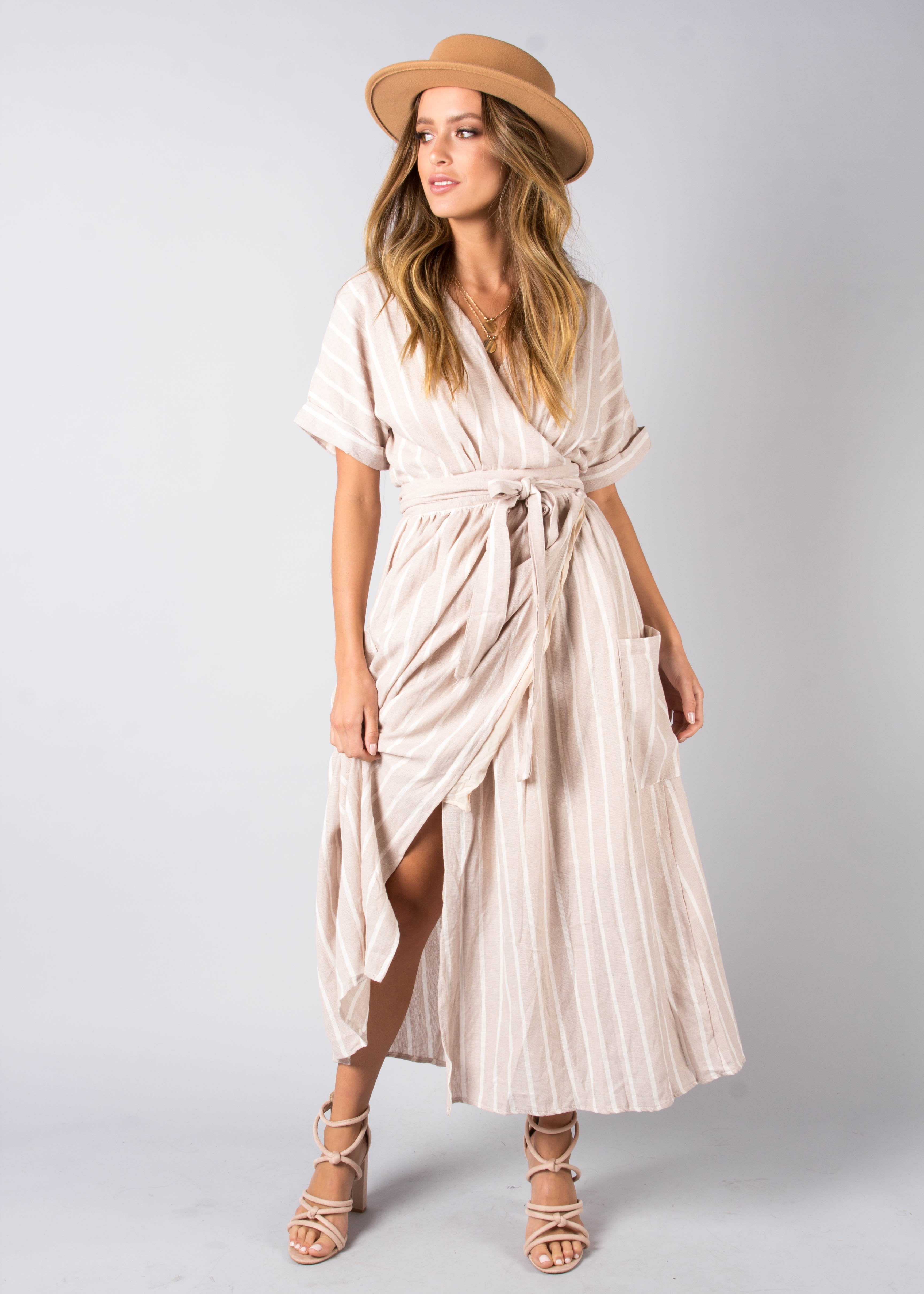 San Luca Linen Wrap Midi Dress - Beige Stripe