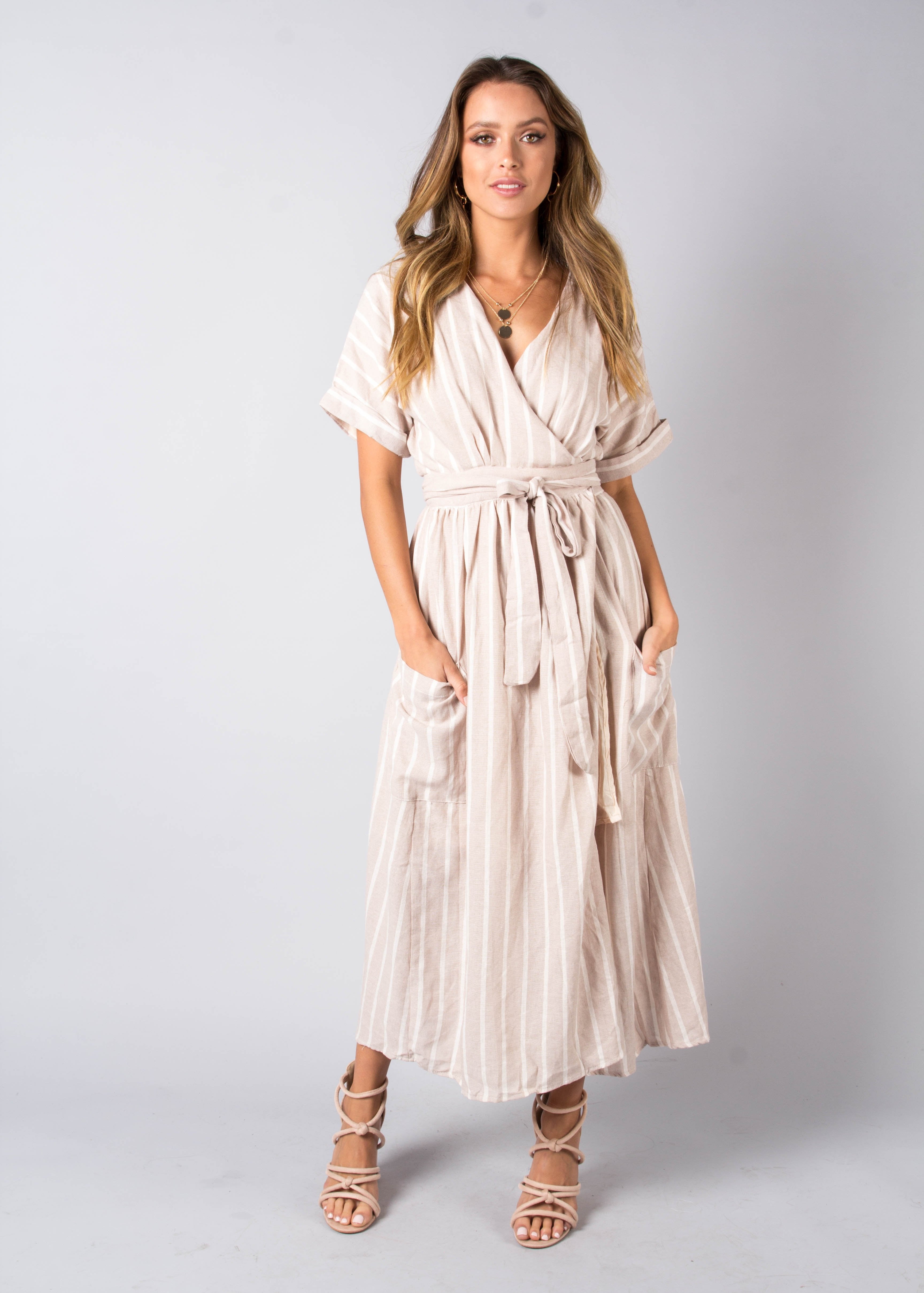 San Luca Linen Wrap Midi Dress - Beige Stripe