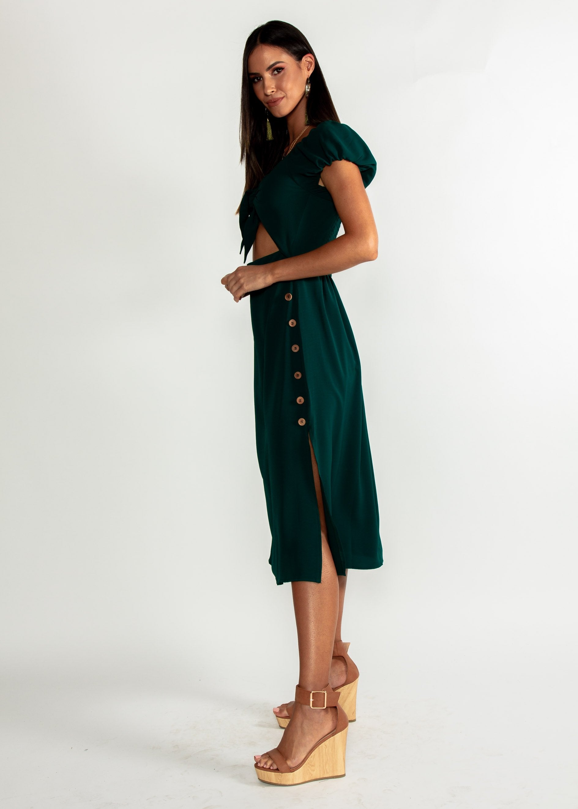 Free Fall Tie Midi Dress - Emerald