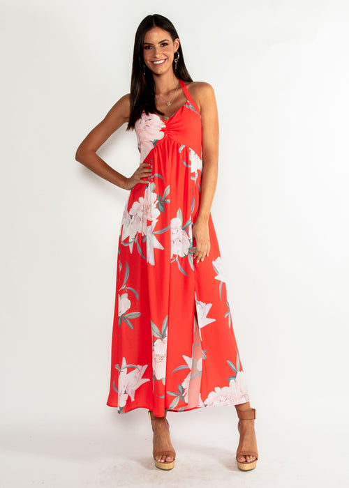 Sweet Serenade Halter Maxi Dress - Scarlet Floral