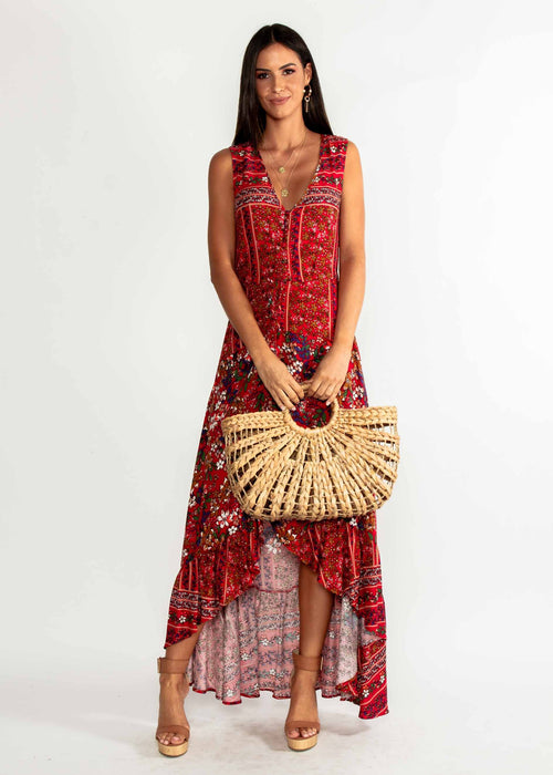 Marsielle Hi-Lo Maxi Dress - Red Floral