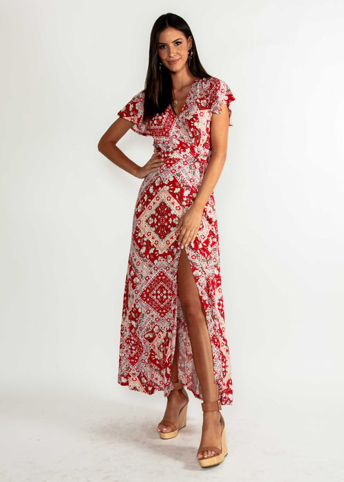 Elise Maxi Wrap Dress - Red Paisley
