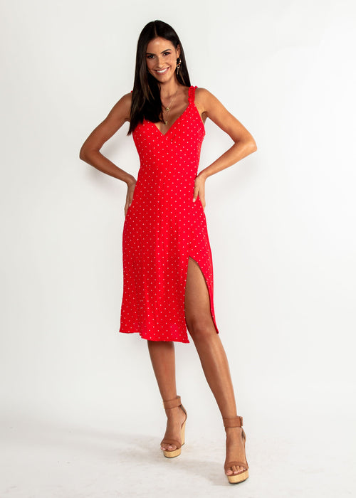 Hollie Wrap Midi Dress - Red Polka