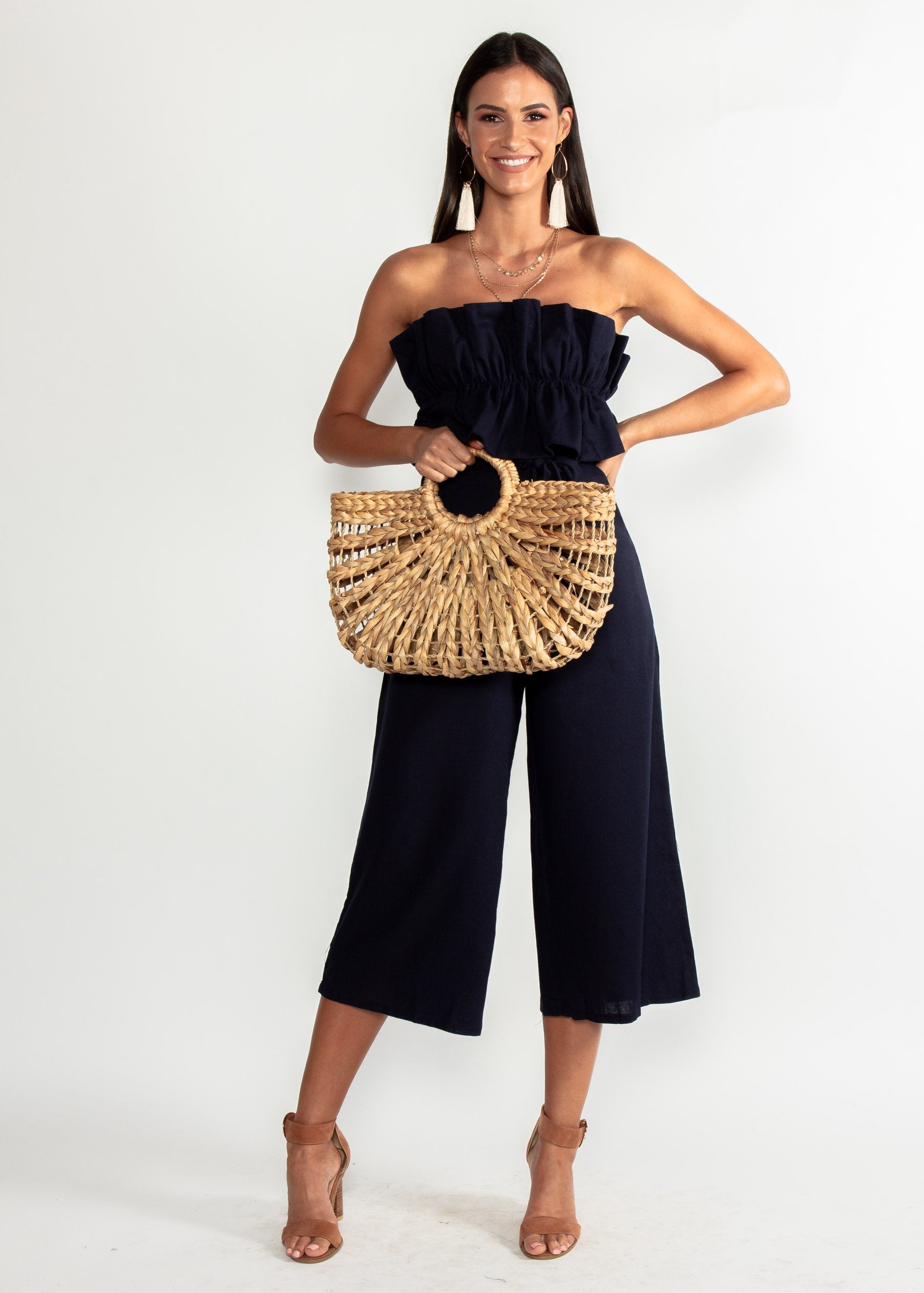 Ashlynn Linen Strapless Pantsuit - Navy