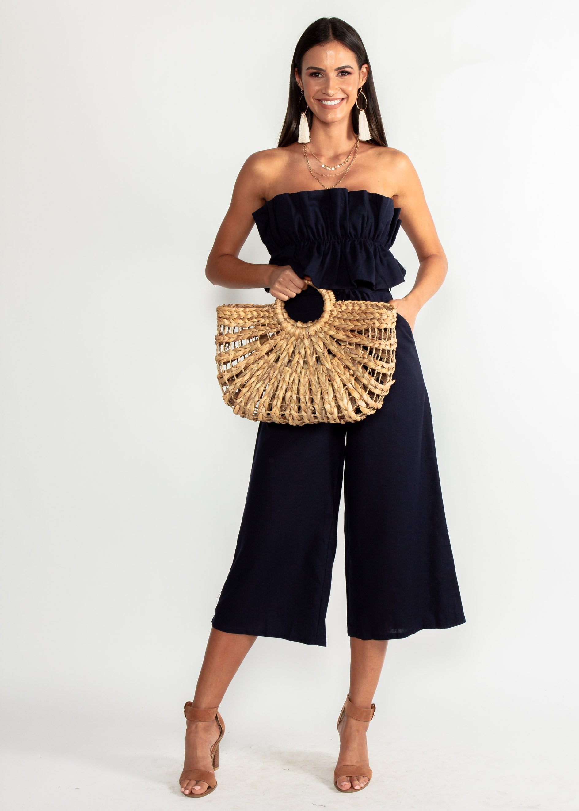 Ashlynn Linen Strapless Pantsuit - Navy