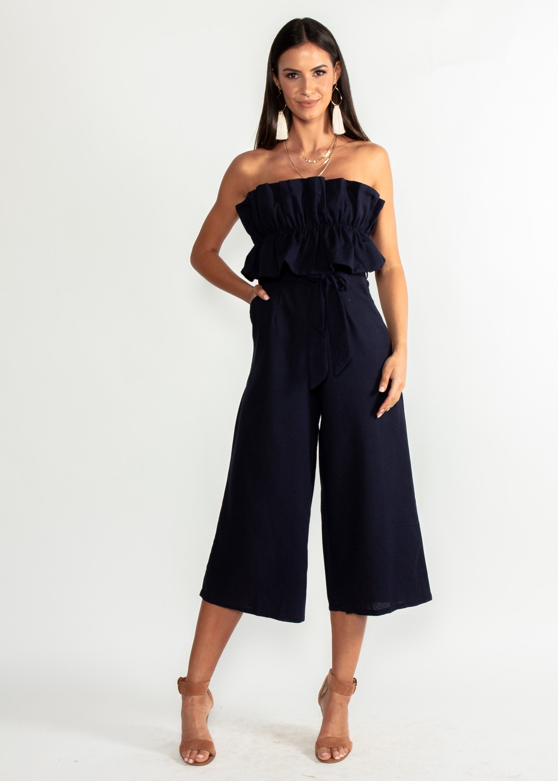 Ashlynn Linen Strapless Pantsuit - Navy
