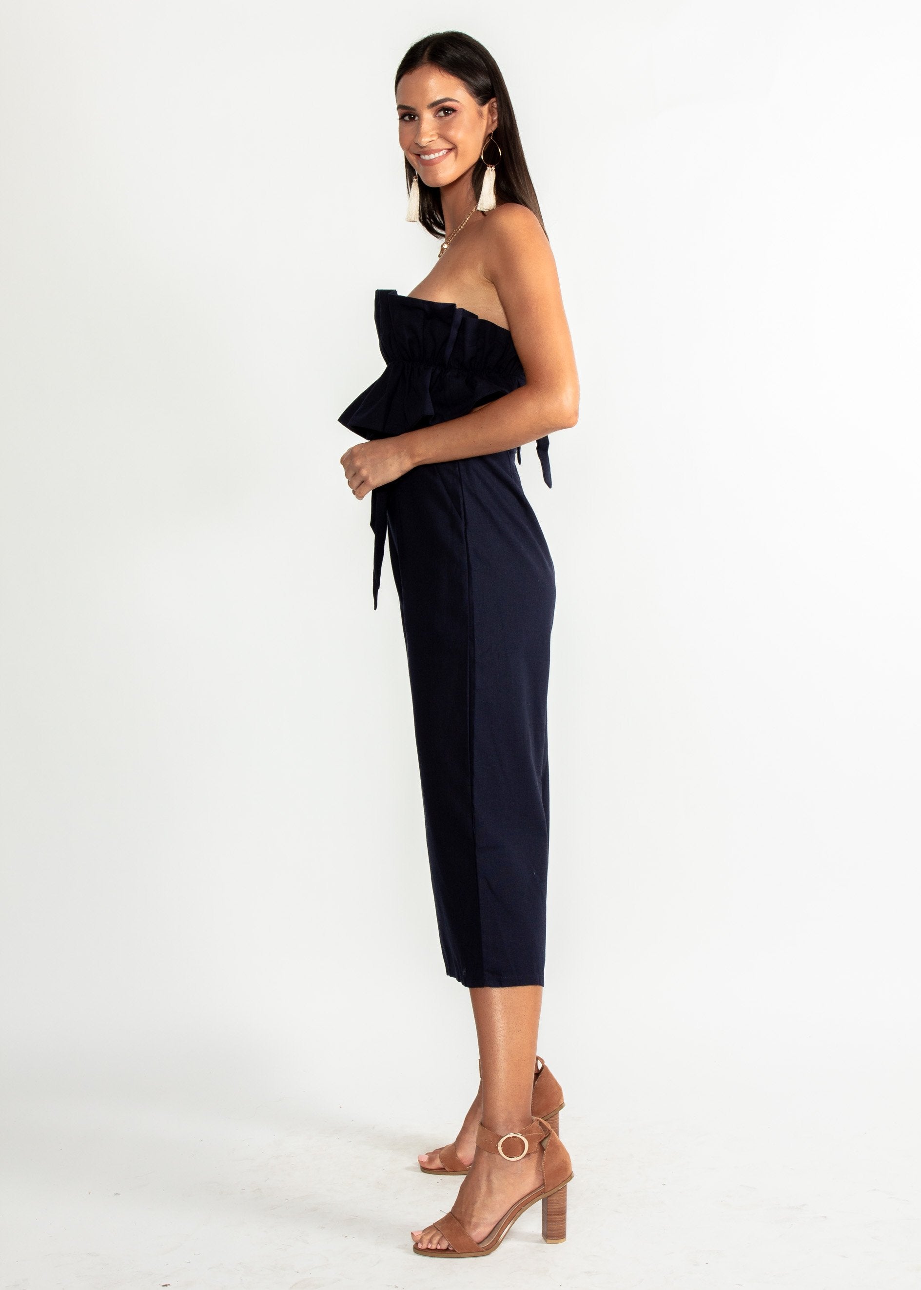Ashlynn Linen Strapless Pantsuit - Navy