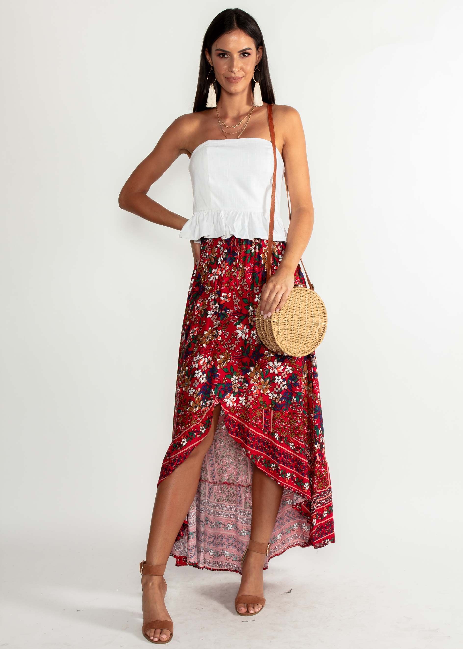 Wild Ride Hi-Lo Maxi Skirt - Red Floral
