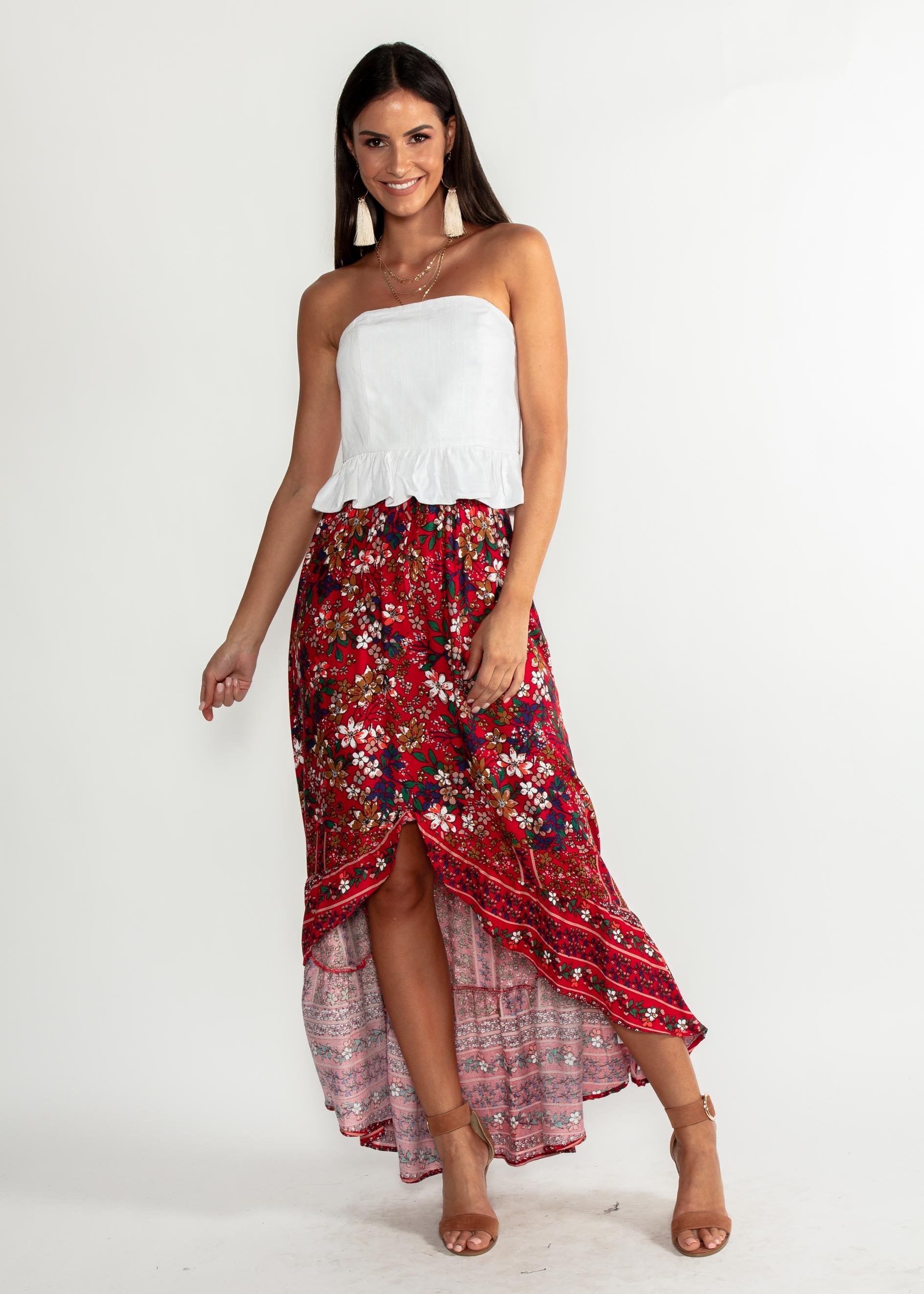 Wild Ride Hi-Lo Maxi Skirt - Red Floral