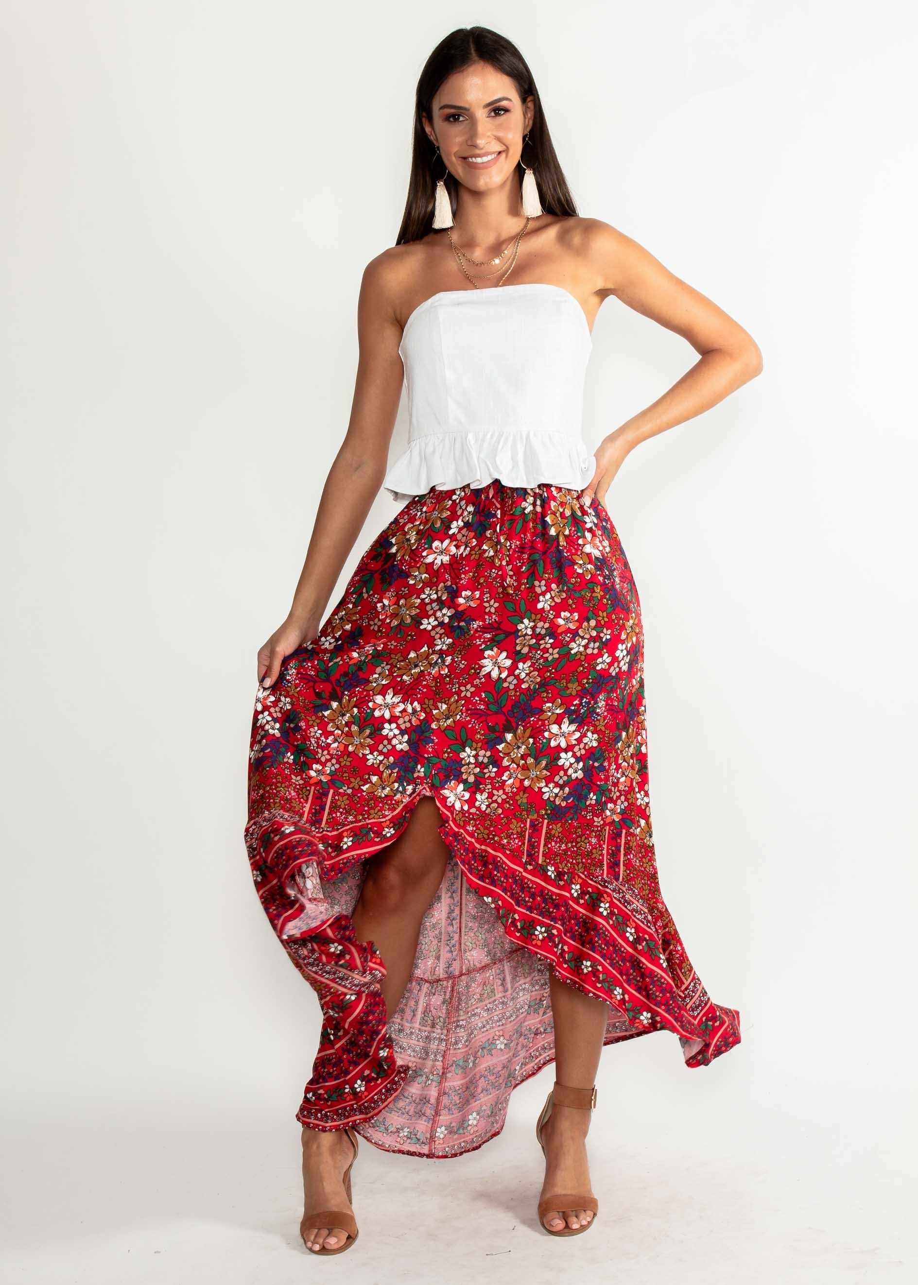 Wild Ride Hi-Lo Maxi Skirt - Red Floral