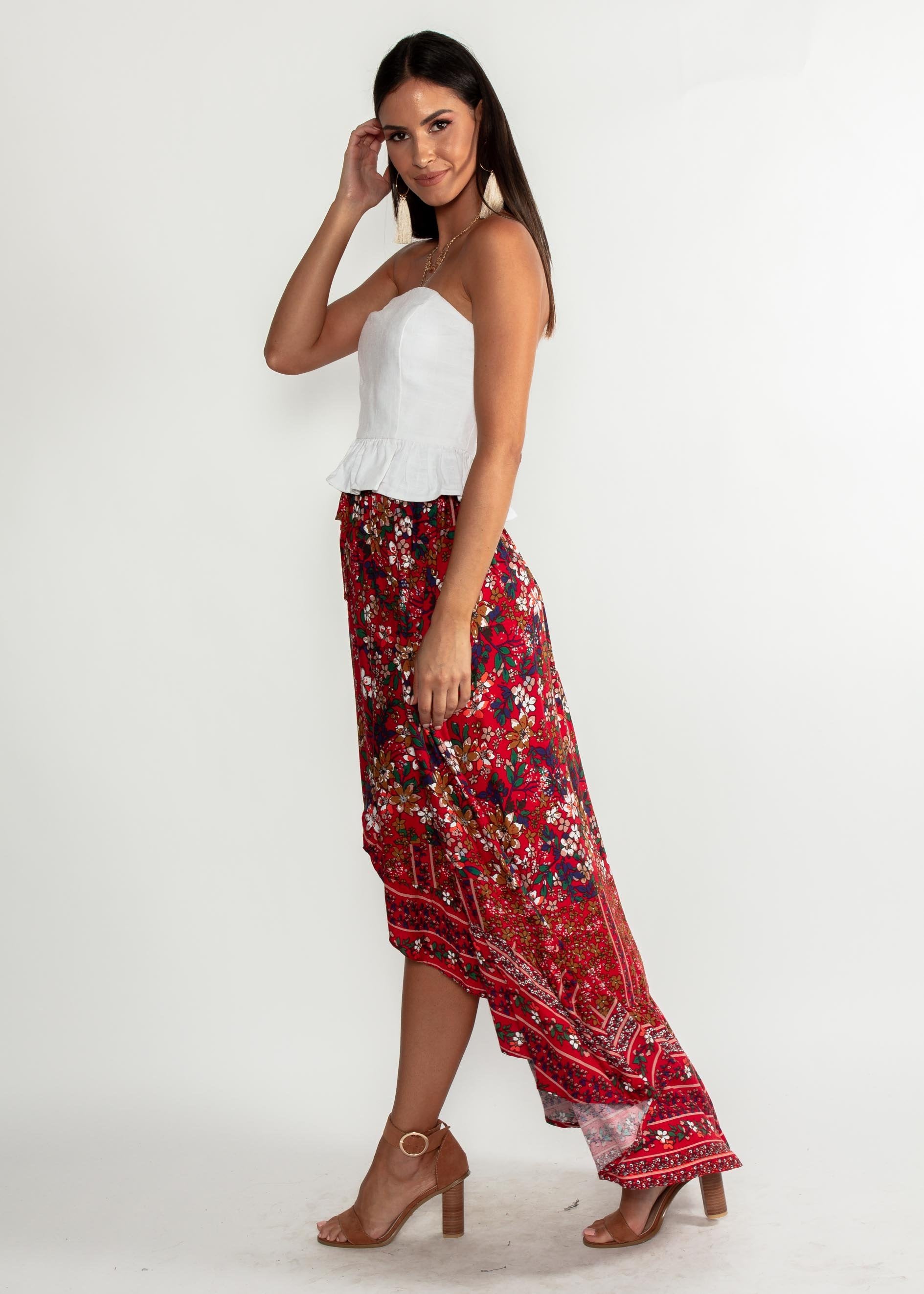 Wild Ride Hi-Lo Maxi Skirt - Red Floral
