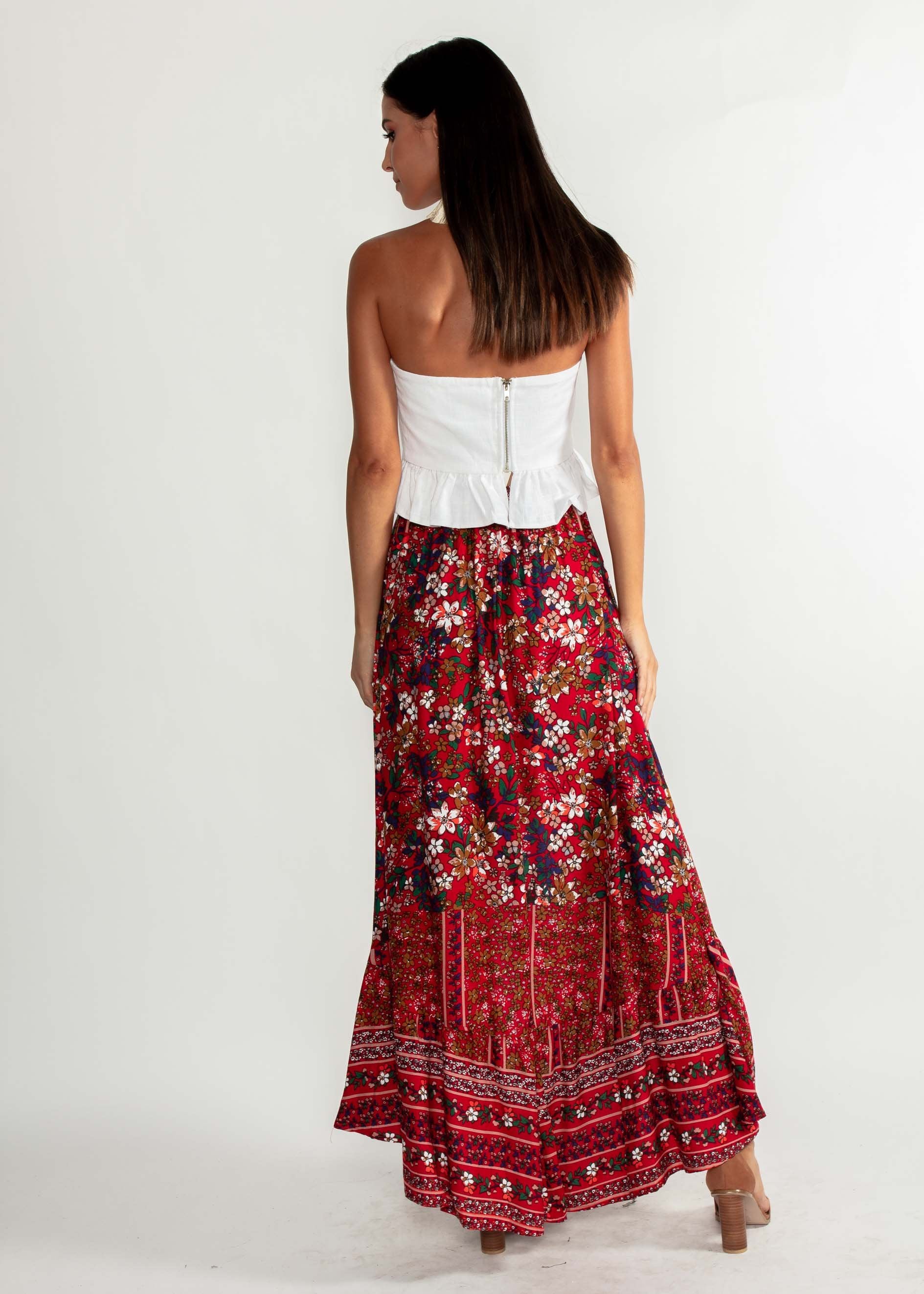 Wild Ride Hi-Lo Maxi Skirt - Red Floral