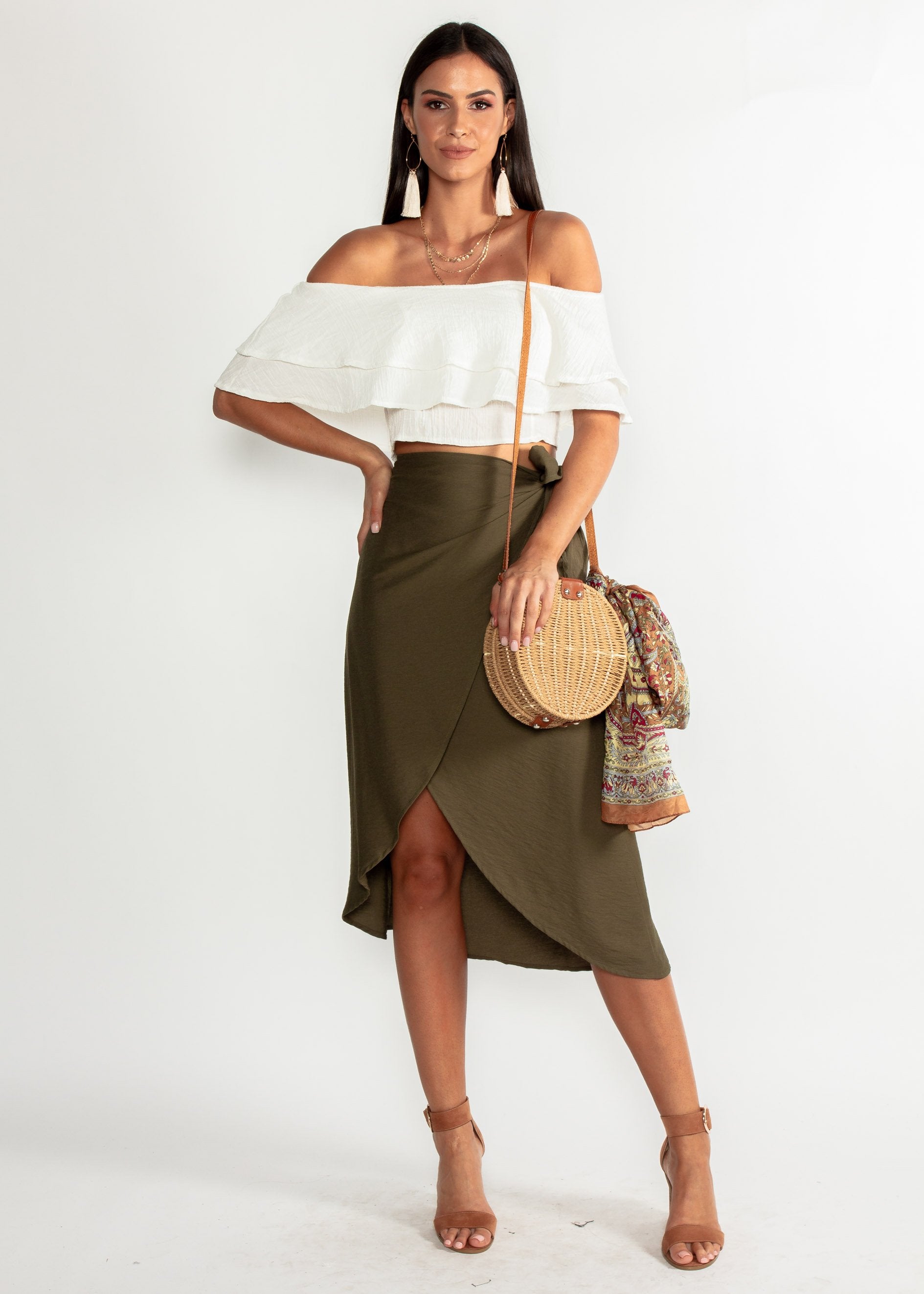 One Moment Midi Wrap Skirt - Khaki