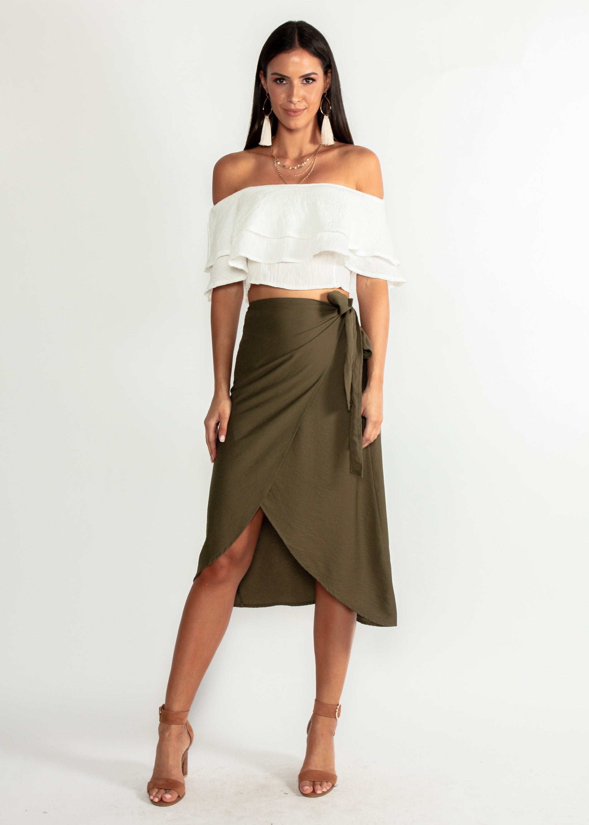 One Moment Midi Wrap Skirt - Khaki
