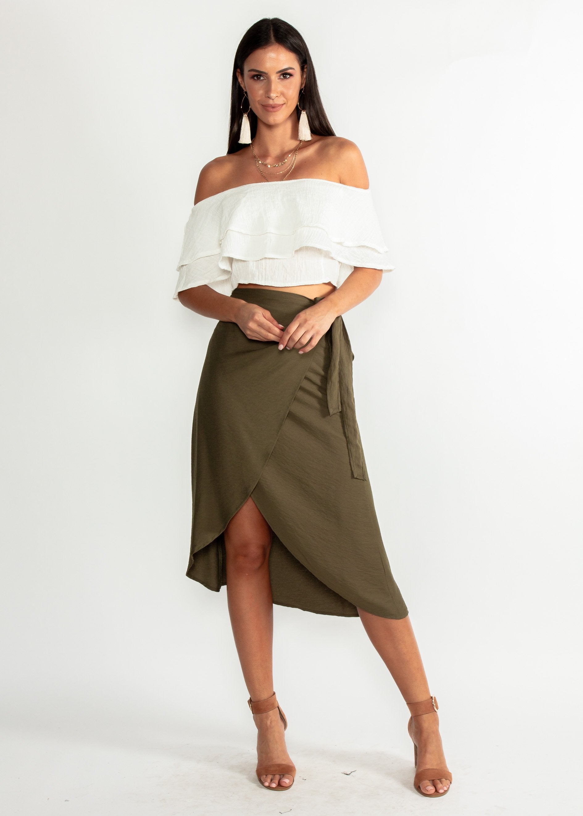 One Moment Midi Wrap Skirt - Khaki