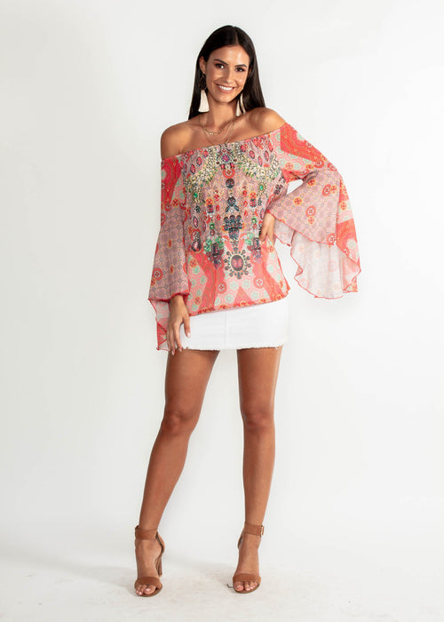 Sacramento Off Shoulder Chiffon Top - Summer Spritz