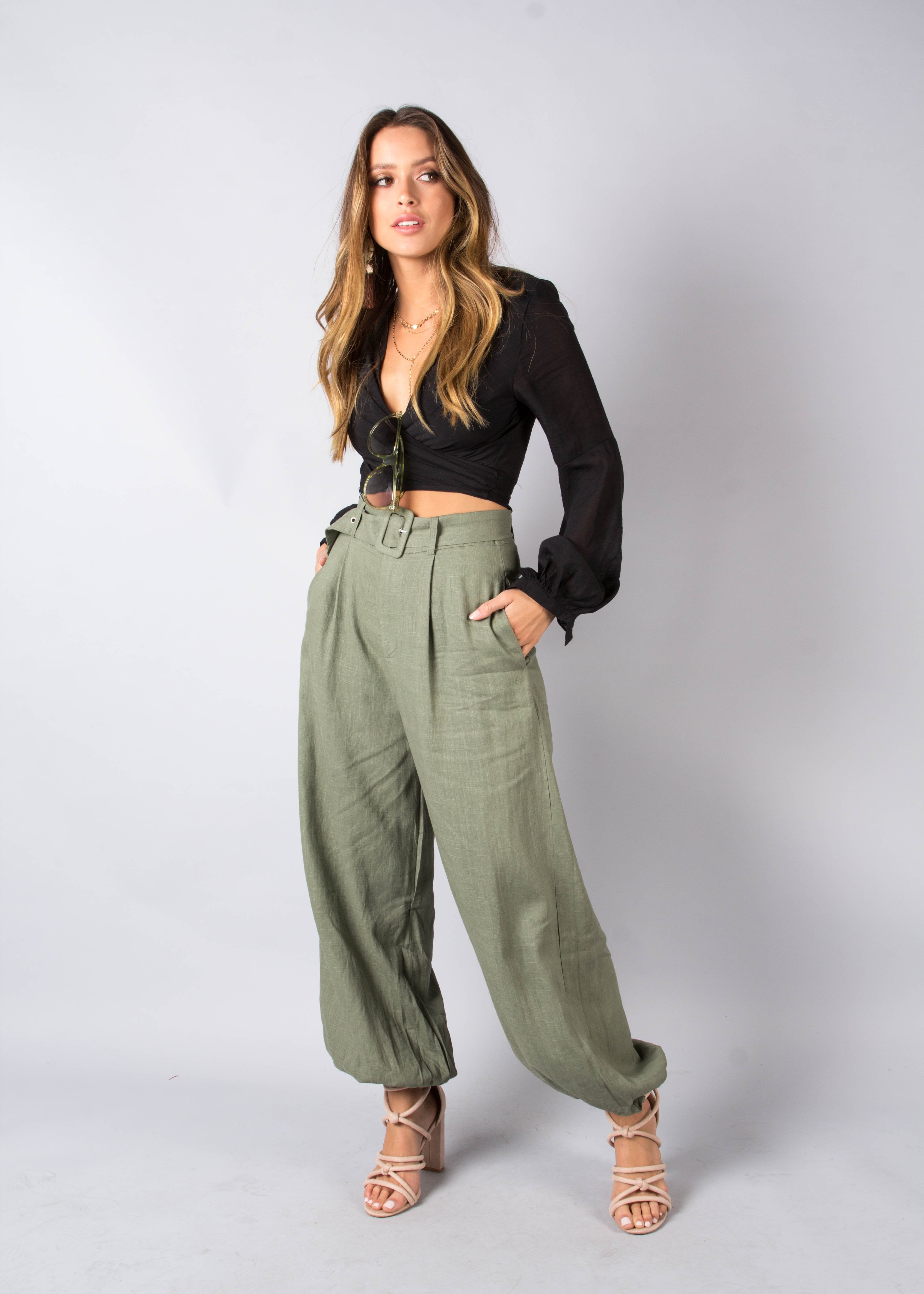 Balmy Dreams Linen Look Pants w/ Belt - Khaki
