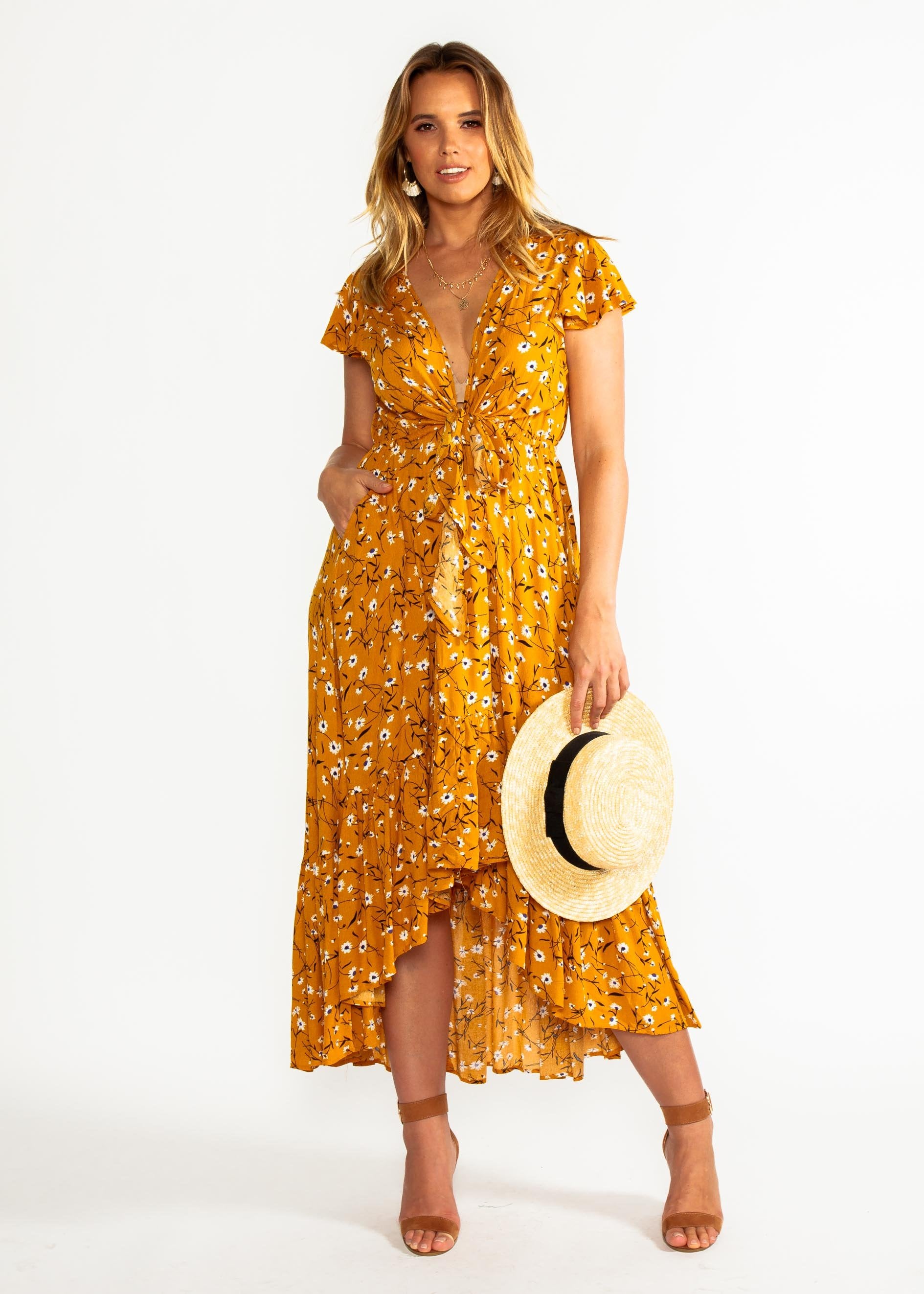 Sandra Hi-Lo Midi Dress - Mustard Floral