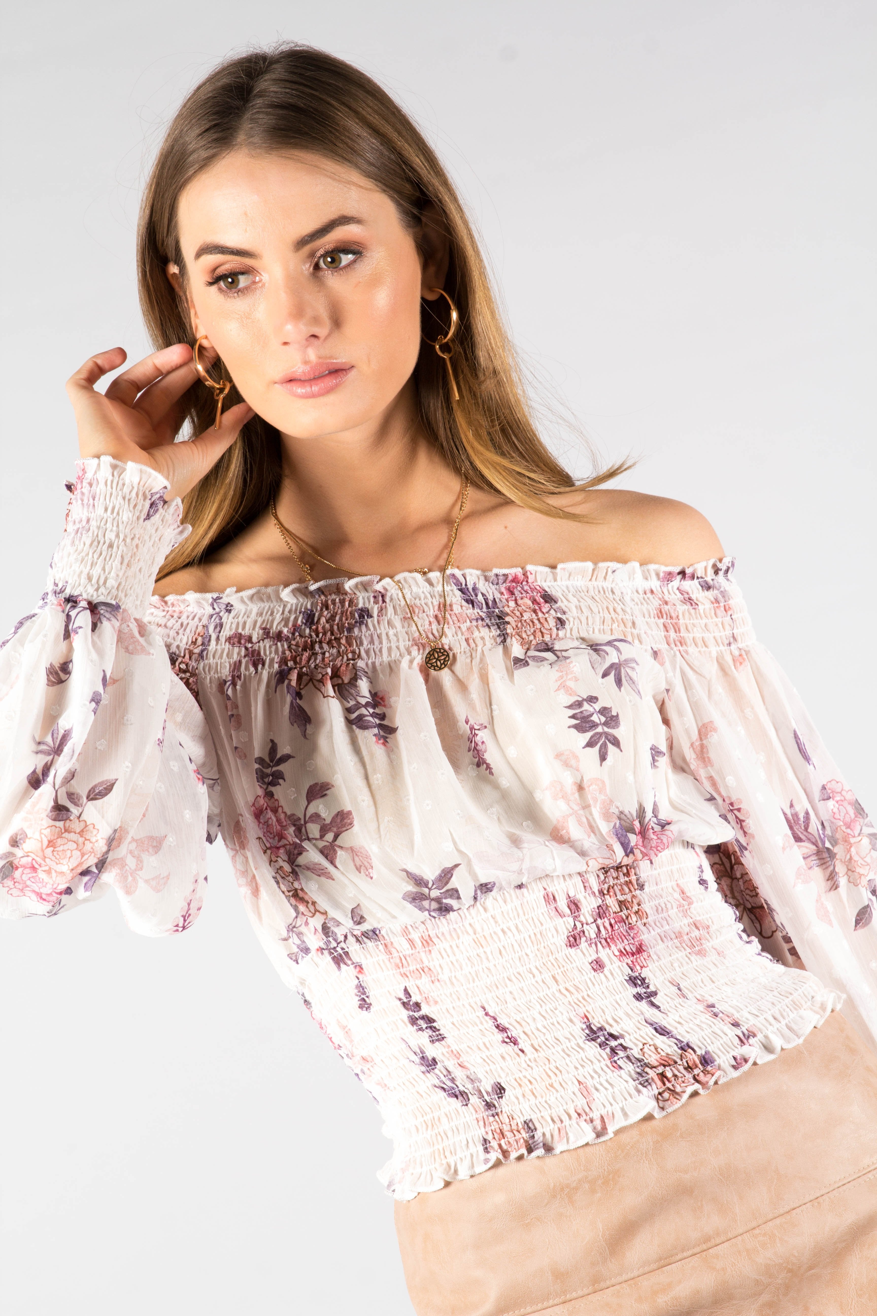 Marcy Chiffon Off Shoulder Blouse - Floral Bliss